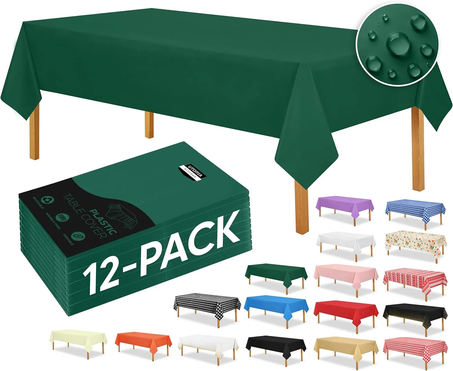 Utopia Kitchen Plastic Table Cloth Disposable (12 Pack - 54x108 Inch) Green Rectangle Tablecloth Waterproof Stain Resistant Party Table Cover