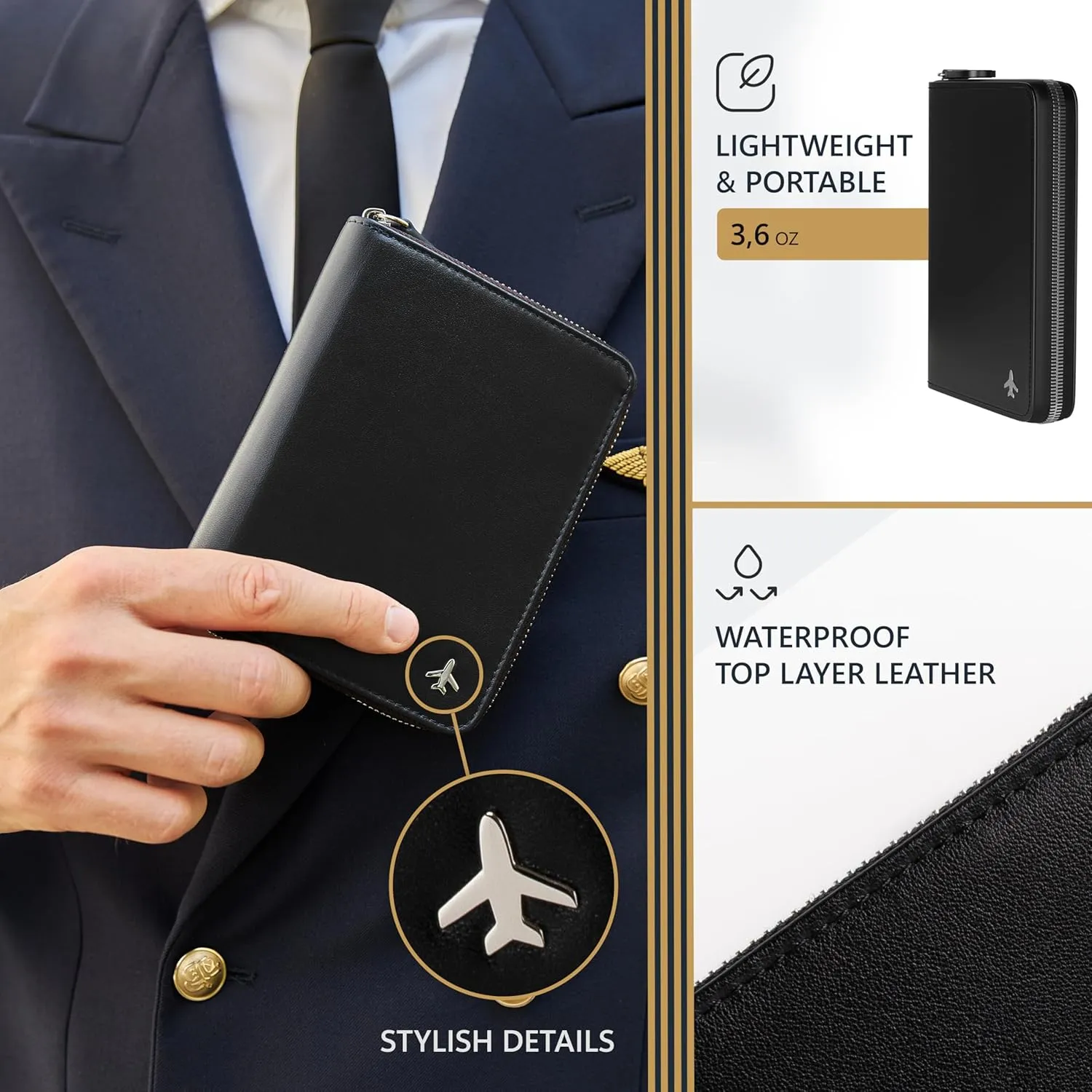 V2 Pilot document holder, Pilot wallet, Real Leather. RFID-Blocking, Travel Wallet, Stylish Travel Companion for Aviation Professionals (AirTag, Black)