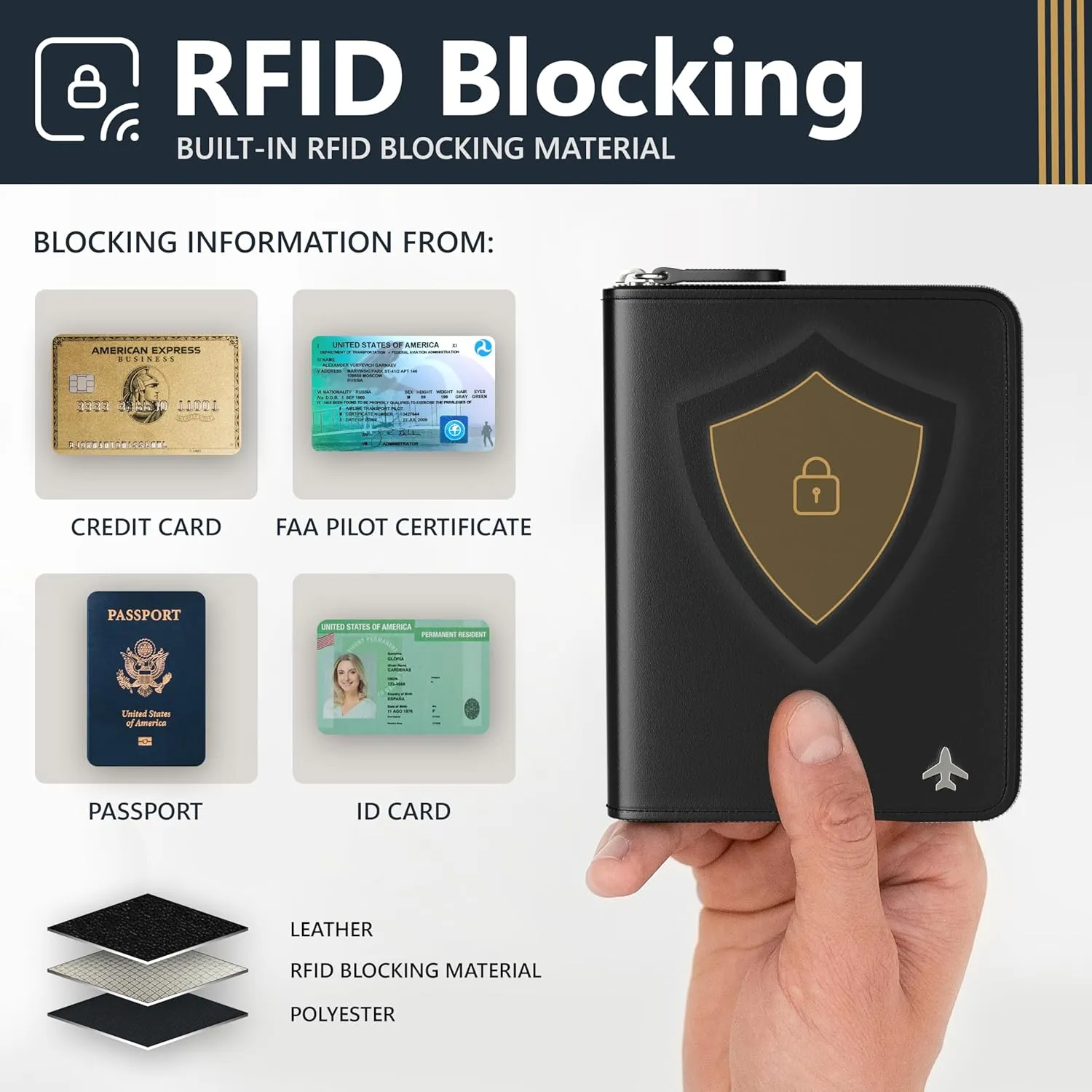 V2 Pilot document holder, Pilot wallet, Real Leather. RFID-Blocking, Travel Wallet, Stylish Travel Companion for Aviation Professionals (AirTag, Black)