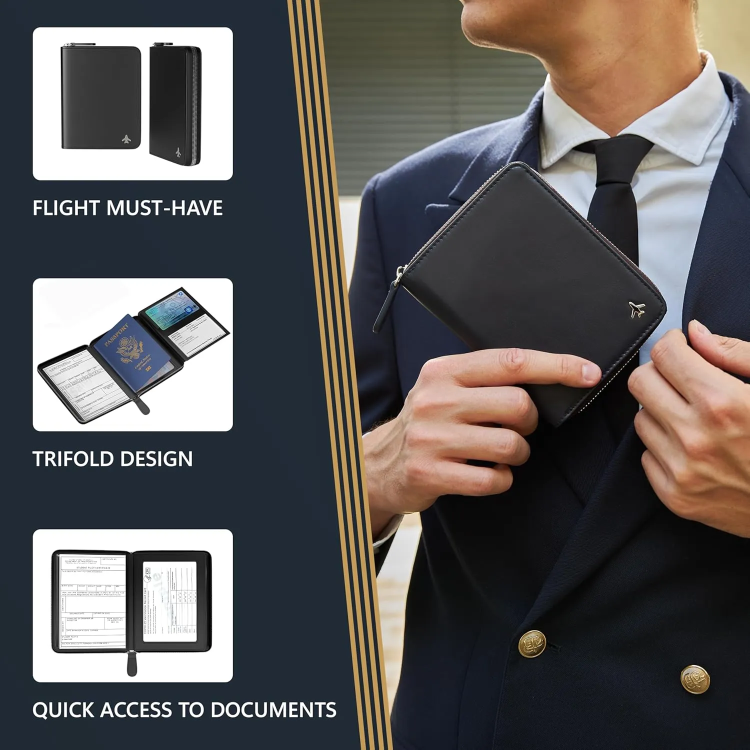 V2 Pilot document holder, Pilot wallet, Real Leather. RFID-Blocking, Travel Wallet, Stylish Travel Companion for Aviation Professionals (AirTag, Black)
