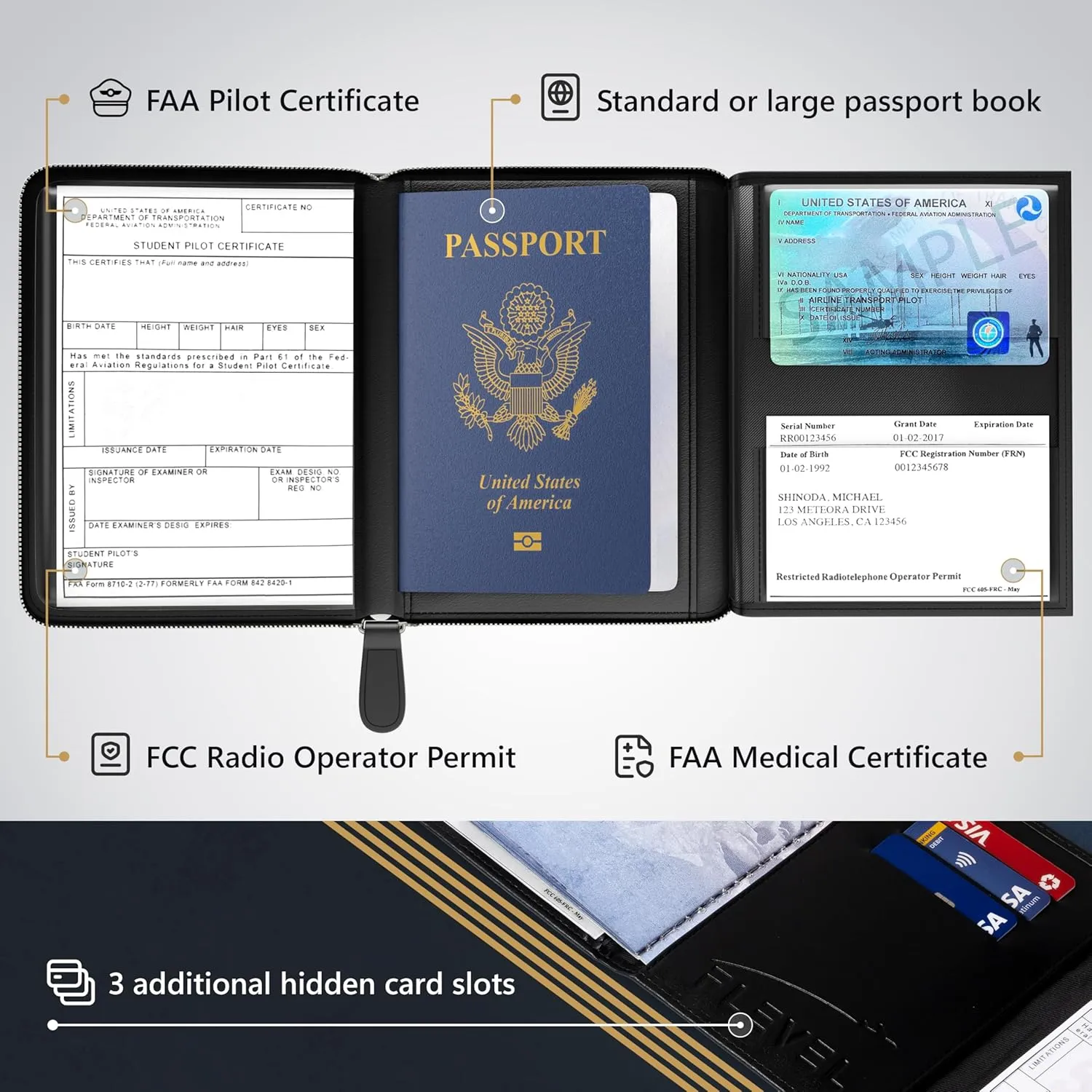 V2 Pilot document holder, Pilot wallet, Real Leather. RFID-Blocking, Travel Wallet, Stylish Travel Companion for Aviation Professionals (AirTag, Black)