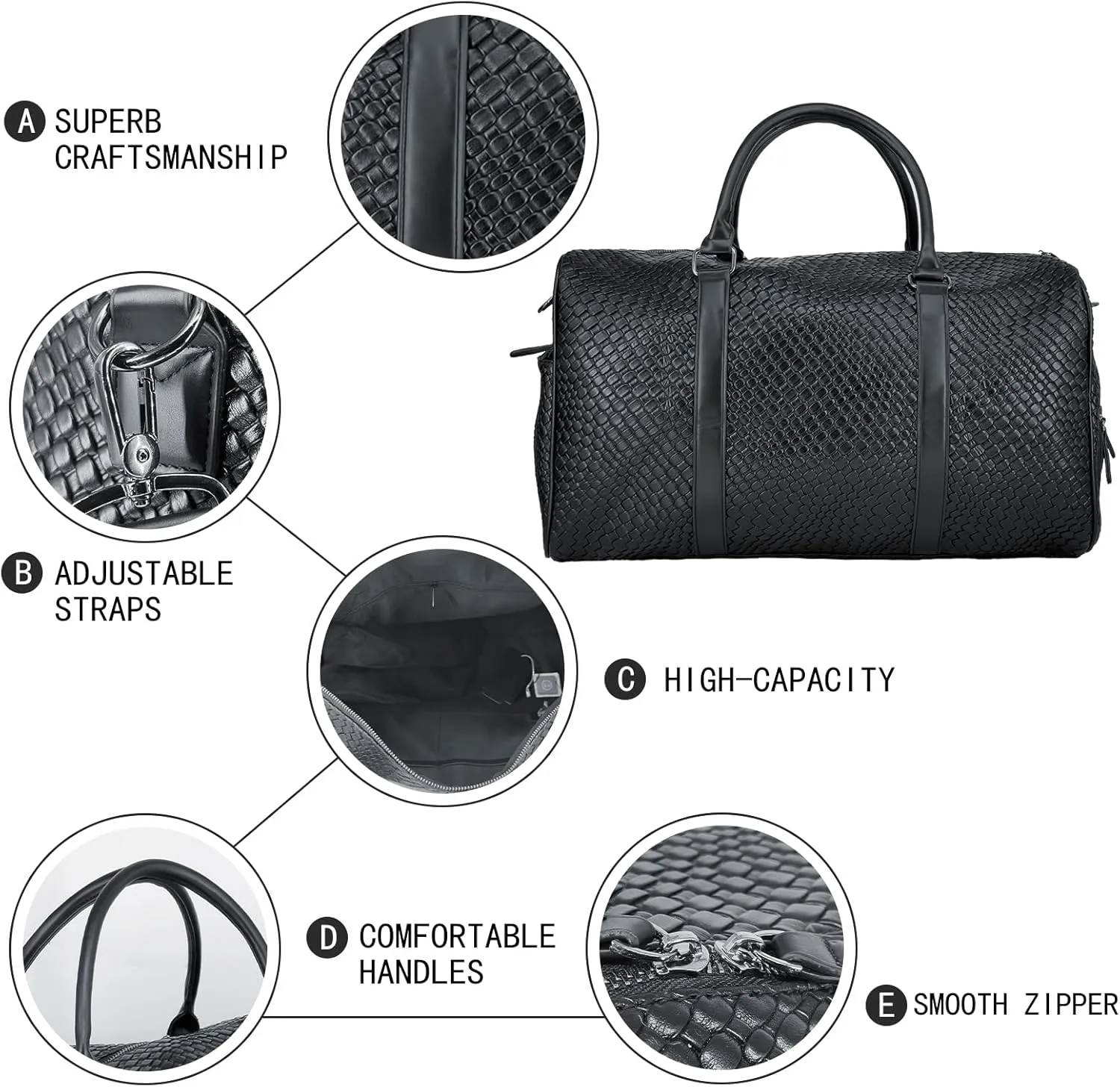 Vegan Leather Large Travel Duffel Tote Bag Carry On Weekender Large Capacity Overnight Bag Black