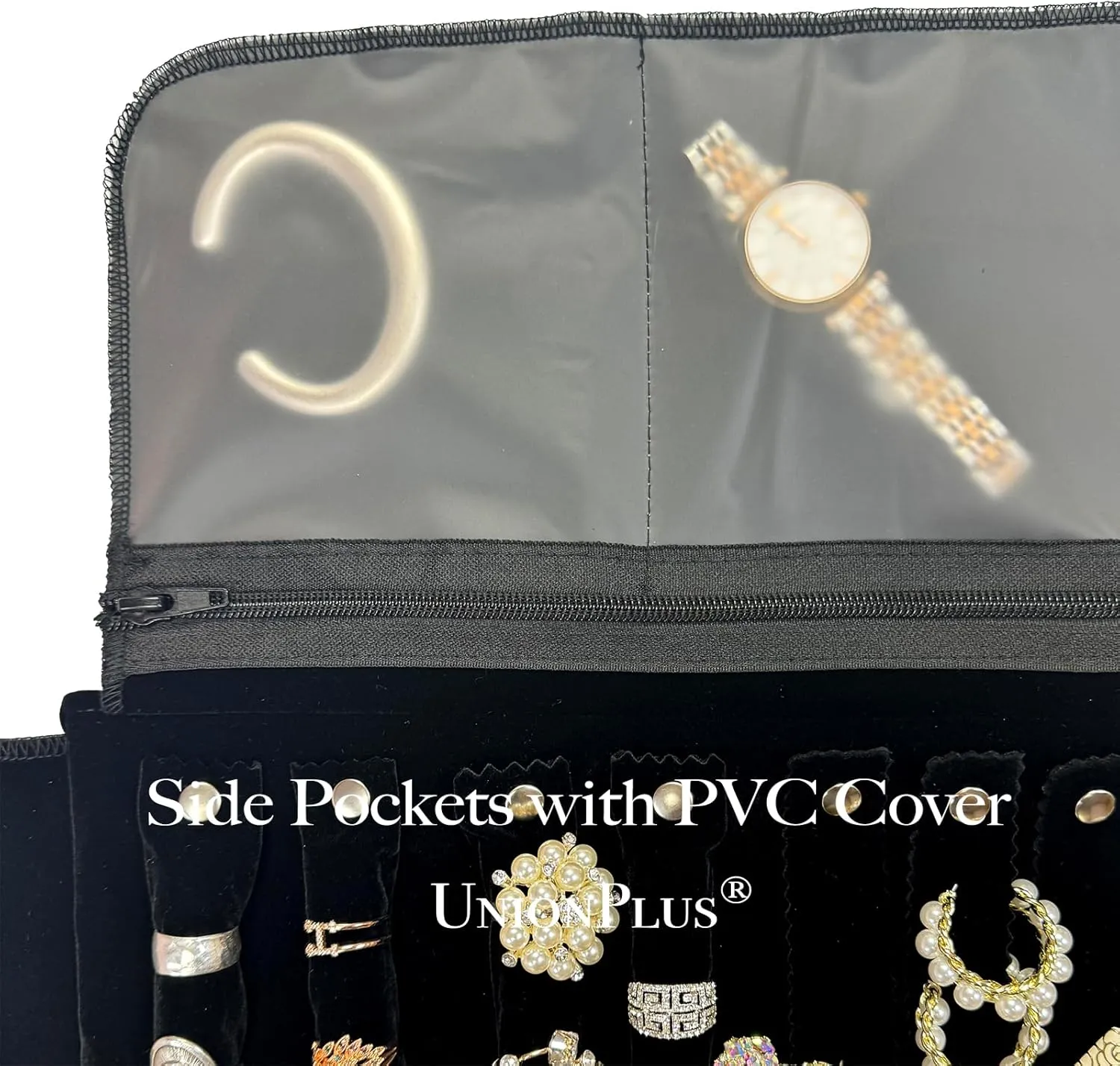 Velvet Travel Jewelry Case Roll Bag Organizer for Necklace Bracelet Earrings Ring, 6 PVC Pockets, Black Upgrade Version
