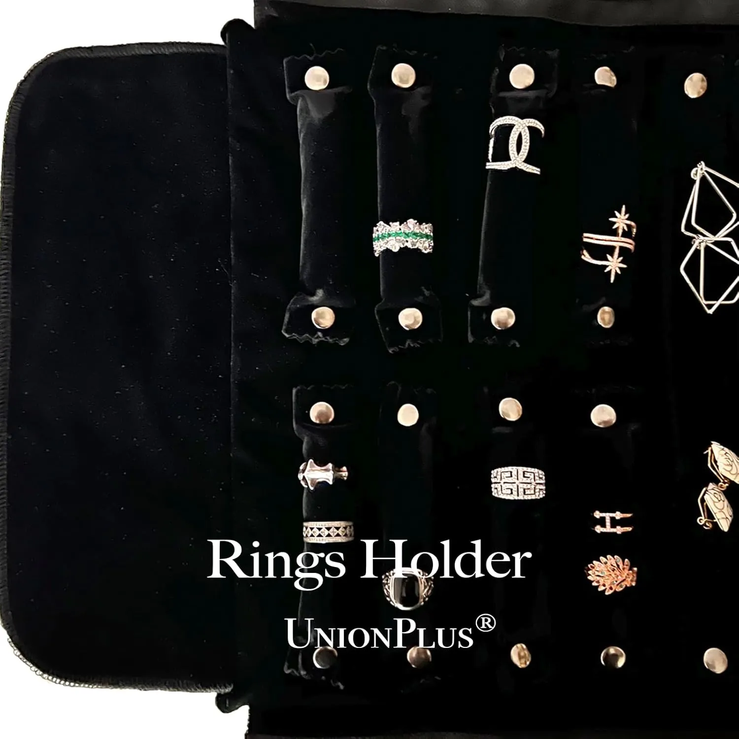 Velvet Travel Jewelry Case Roll Bag Organizer for Necklace Bracelet Earrings Ring, 6 PVC Pockets, Black Upgrade Version
