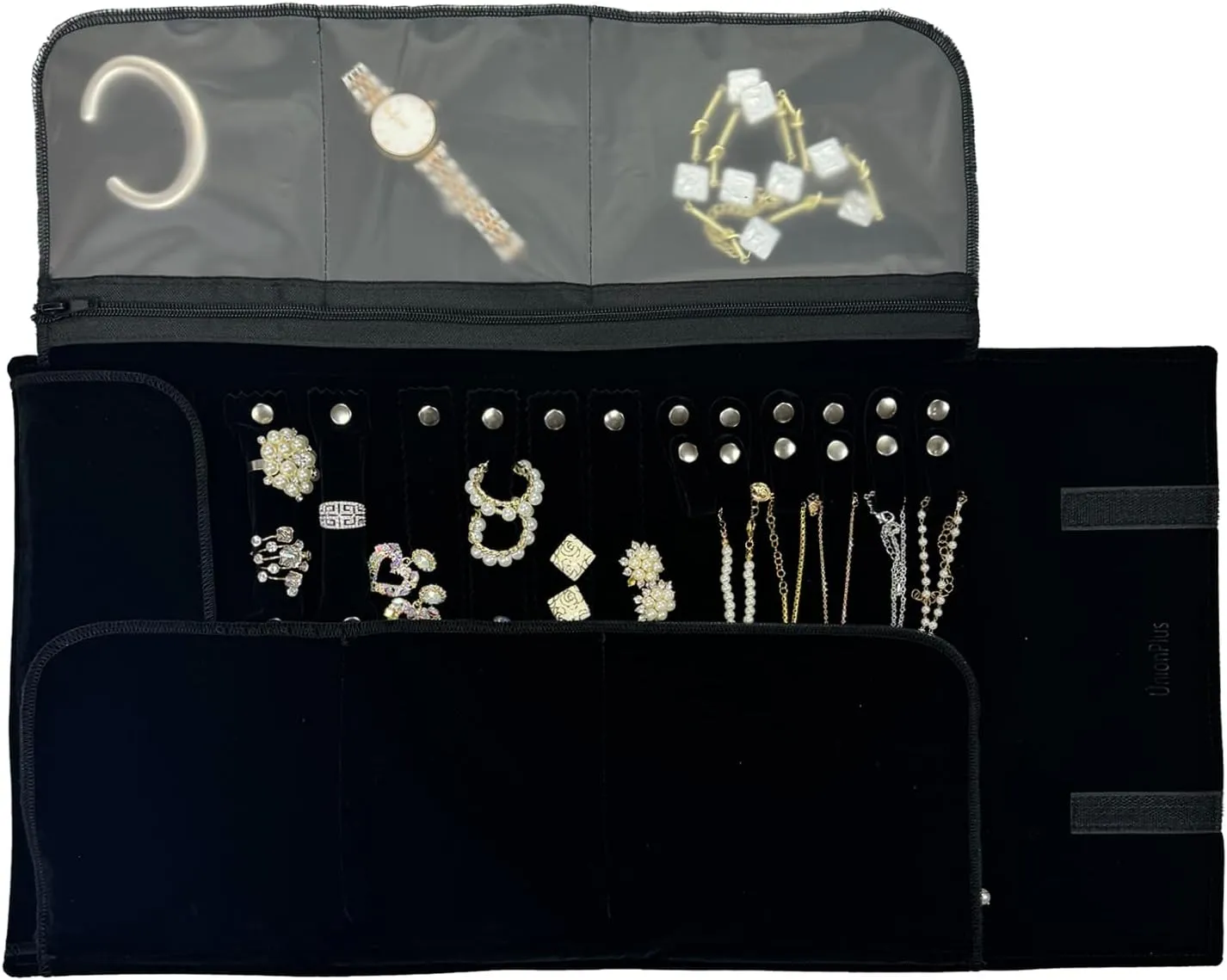 Velvet Travel Jewelry Case Roll Bag Organizer for Necklace Bracelet Earrings Ring, 6 PVC Pockets, Black Upgrade Version