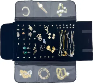 Velvet Travel Jewelry Case Roll Bag Organizer for Necklace Bracelet Earrings Ring, 6 PVC Pockets, Black Upgrade Version