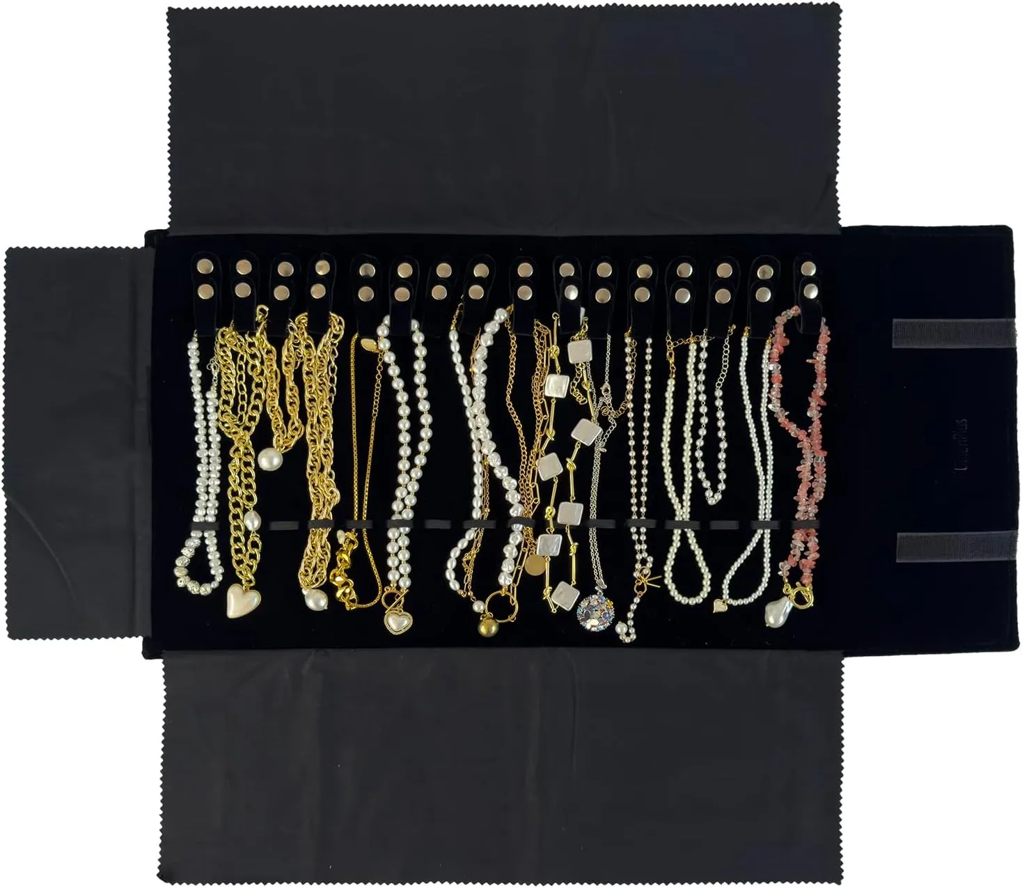 Velvet Travel Jewelry Roll Bag Organizer for Necklace, Elastic Band and Anti-winding, Black