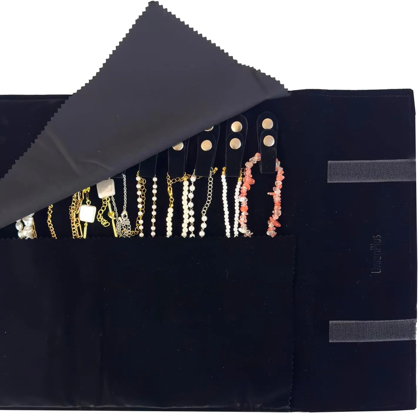 Velvet Travel Jewelry Roll Bag Organizer for Necklace, Elastic Band and Anti-winding, Black