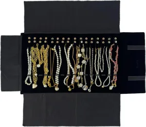 Velvet Travel Jewelry Roll Bag Organizer for Necklace, Elastic Band and Anti-winding, Black