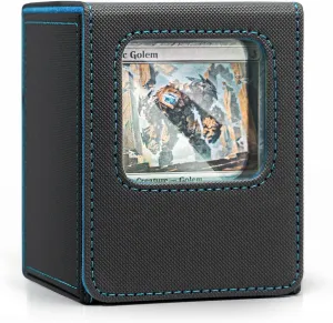 Venssu MTG Deck Box with Front-Facing Commander Display, Card Deck Case Fit 100 Single Sleeved Cards, PU Leather Magnetic Tcg Storage Box with 2 Dividers and 100% UV Protect Mini Snap (Black and Blue)