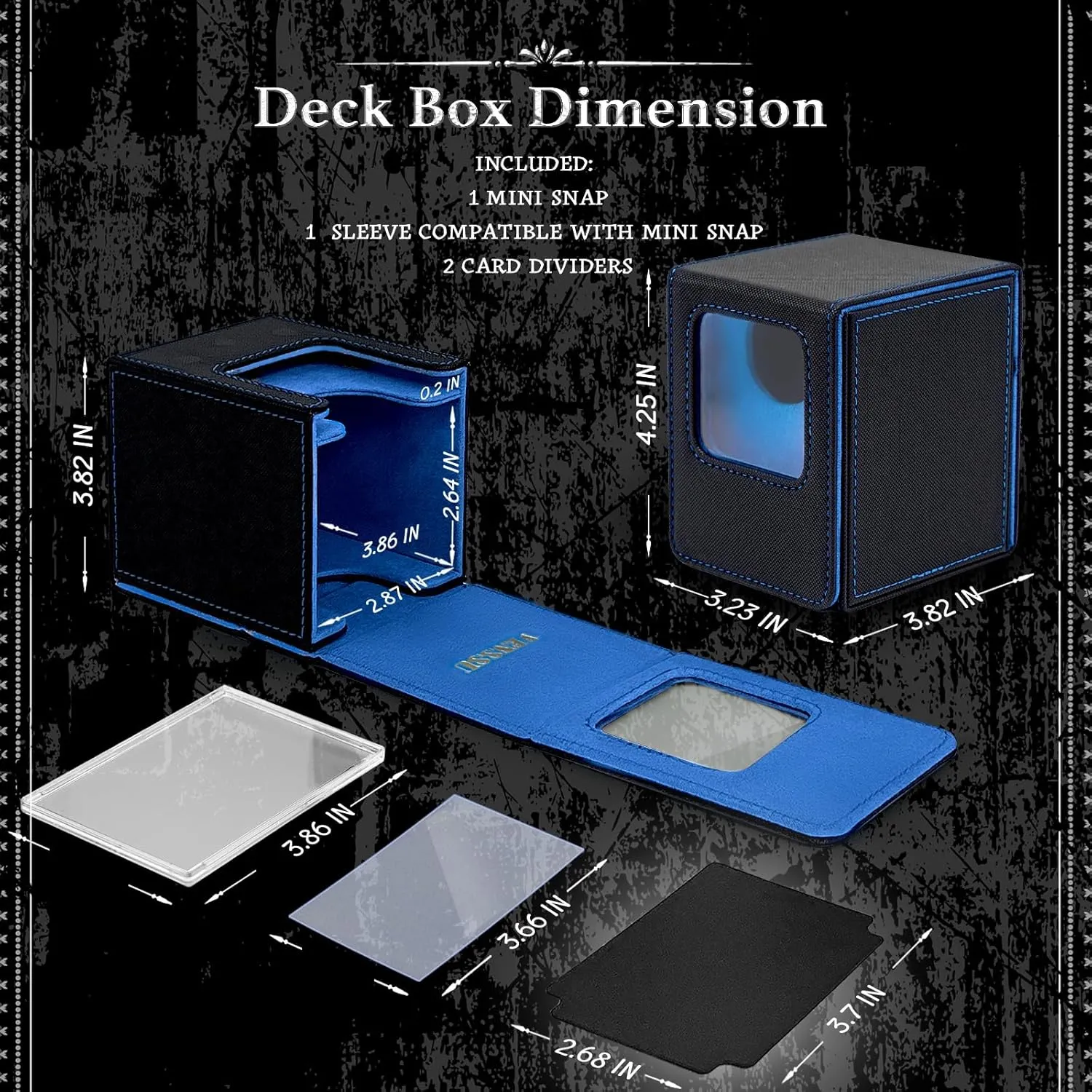Venssu MTG Deck Box with Front-Facing Commander Display, Card Deck Case Fit 100 Single Sleeved Cards, PU Leather Magnetic Tcg Storage Box with 2 Dividers and 100% UV Protect Mini Snap (Black and Blue)