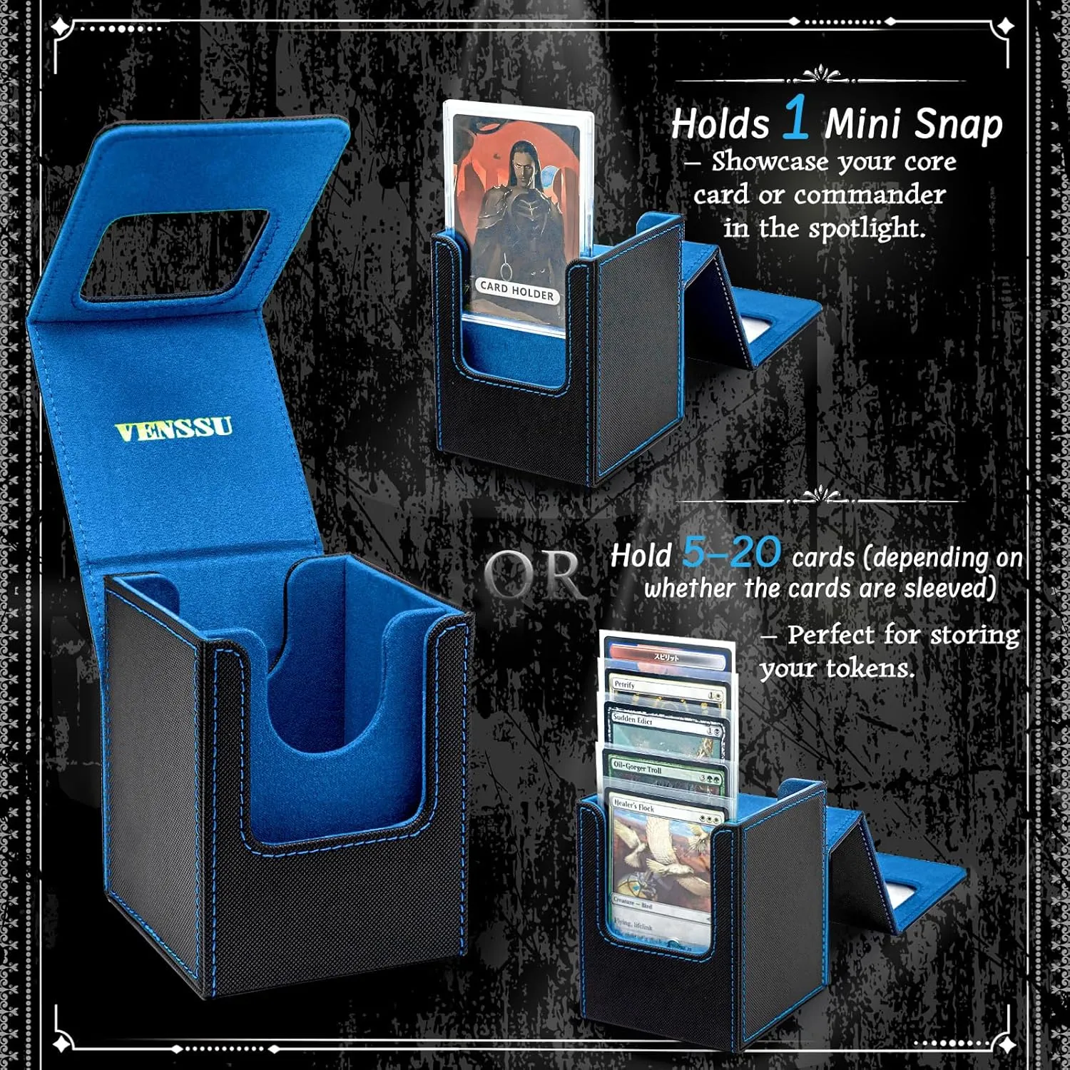 Venssu MTG Deck Box with Front-Facing Commander Display, Card Deck Case Fit 100 Single Sleeved Cards, PU Leather Magnetic Tcg Storage Box with 2 Dividers and 100% UV Protect Mini Snap (Black and Blue)