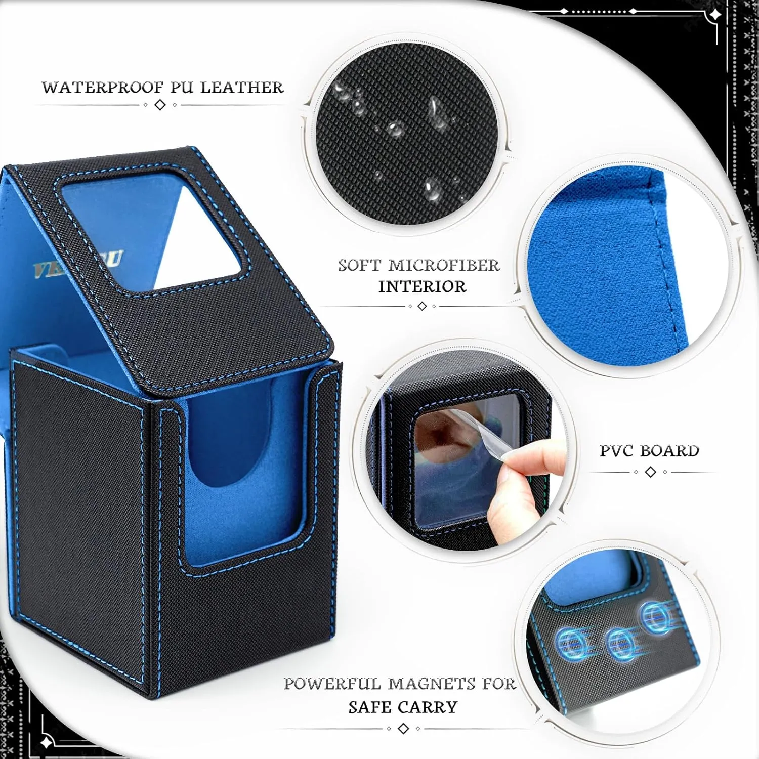 Venssu MTG Deck Box with Front-Facing Commander Display, Card Deck Case Fit 100 Single Sleeved Cards, PU Leather Magnetic Tcg Storage Box with 2 Dividers and 100% UV Protect Mini Snap (Black and Blue)