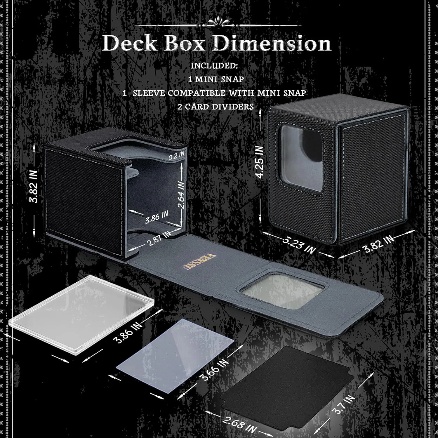 Venssu MTG Deck Box with Front-Facing Commander Display, Card Deck Case Fit 100 Single Sleeved Cards, PU Leather Magnetic Tcg Storage Box with 2 Dividers and 100% UV Protect Mini Snap (Black and Grey)
