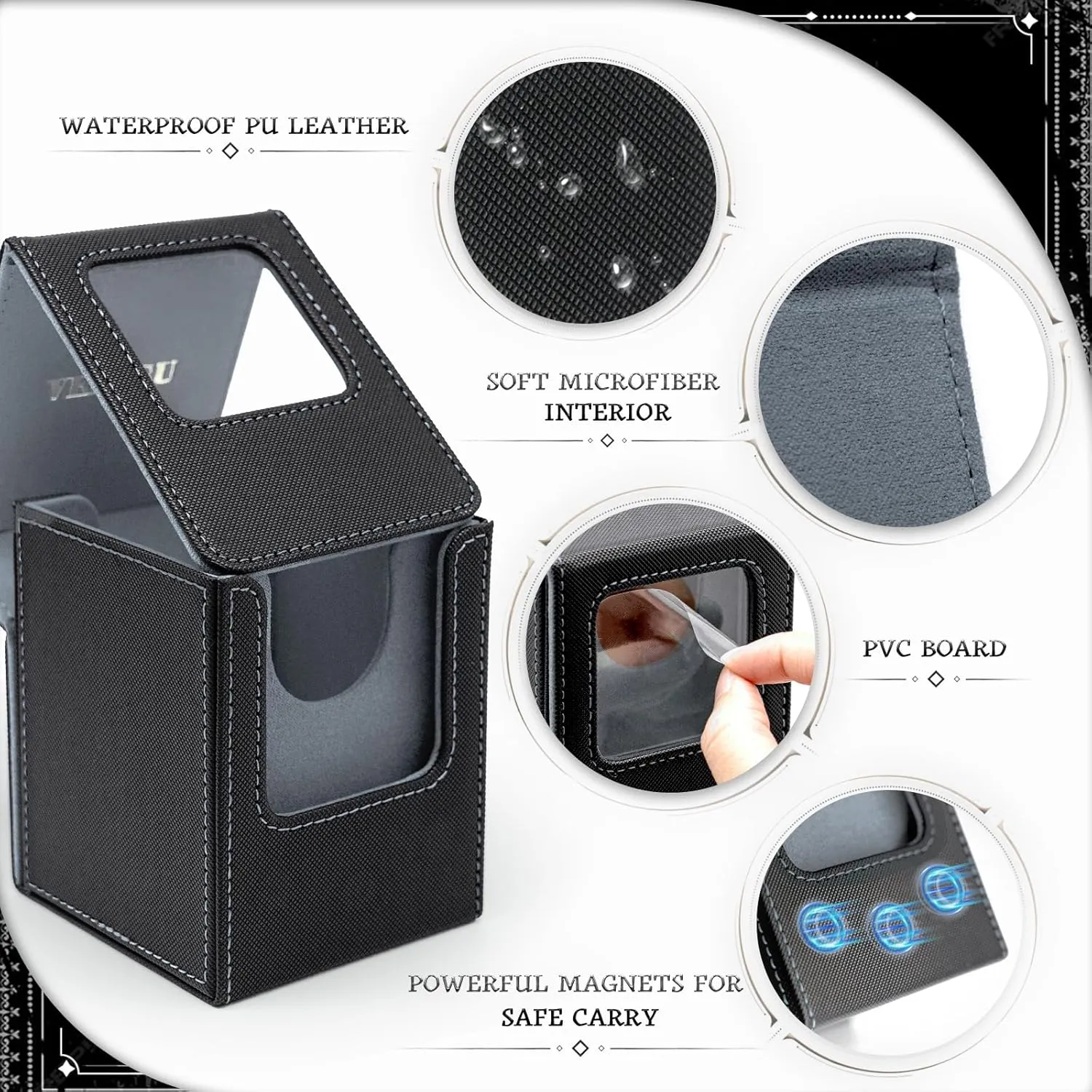 Venssu MTG Deck Box with Front-Facing Commander Display, Card Deck Case Fit 100 Single Sleeved Cards, PU Leather Magnetic Tcg Storage Box with 2 Dividers and 100% UV Protect Mini Snap (Black and Grey)