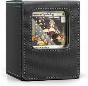 Venssu MTG Deck Box with Front-Facing Commander Display, Card Deck Case Fit 100 Single Sleeved Cards, PU Leather Magnetic Tcg Storage Box with 2 Dividers and 100% UV Protect Mini Snap (Black and Grey)