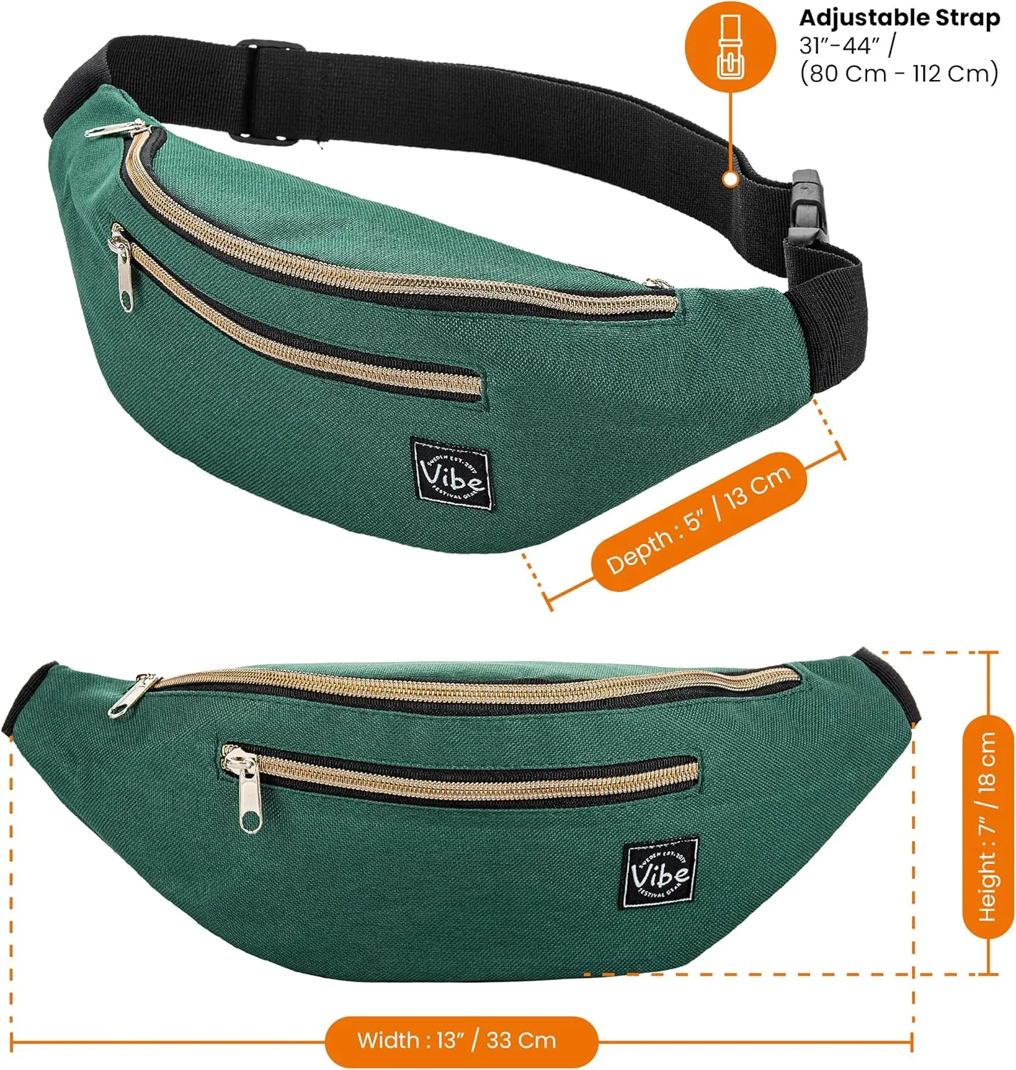 Vibe Festival Gear Fanny Pack for Men Women - Many Prints - Black Holographic Silver Gold Cute Waist Bag for Festival Rave Hiking Running Cycling
