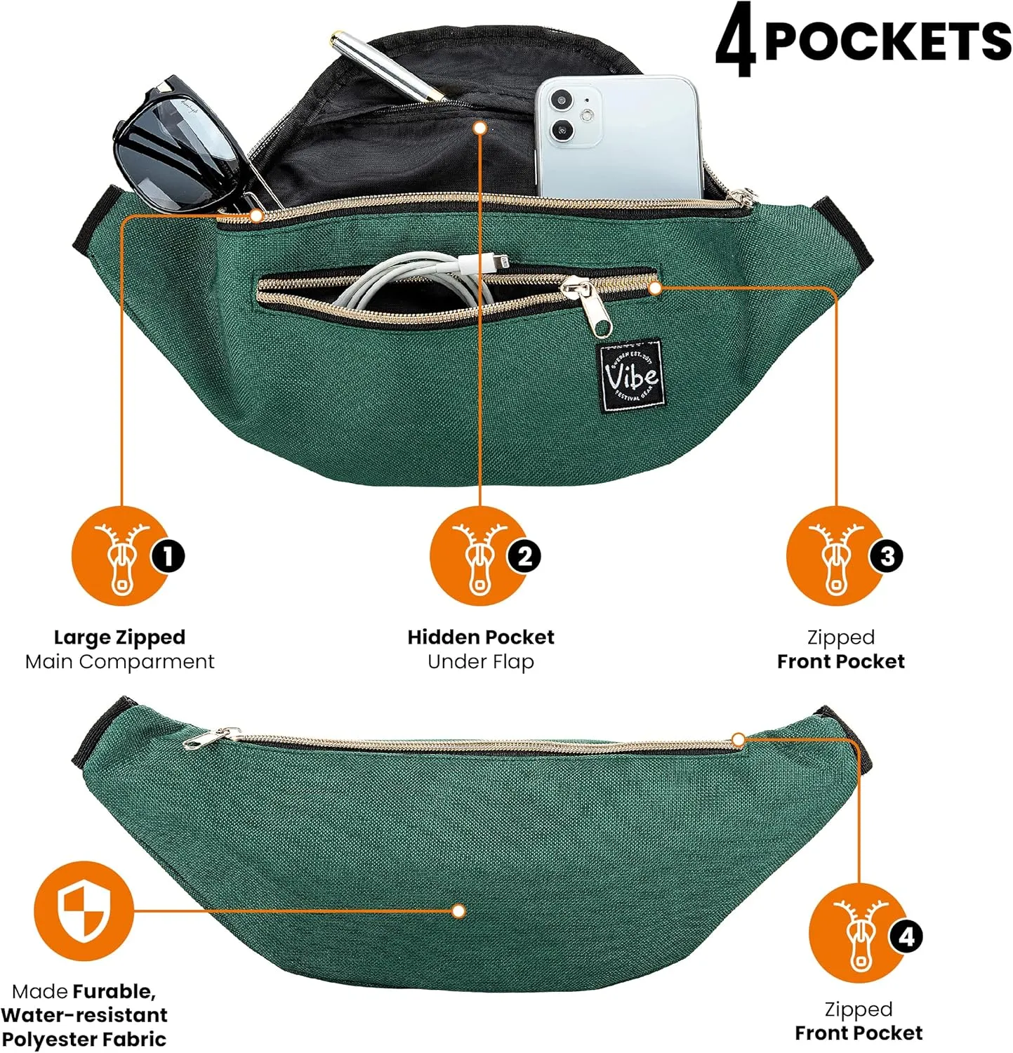 Vibe Festival Gear Fanny Pack for Men Women - Many Prints - Black Holographic Silver Gold Cute Waist Bag for Festival Rave Hiking Running Cycling