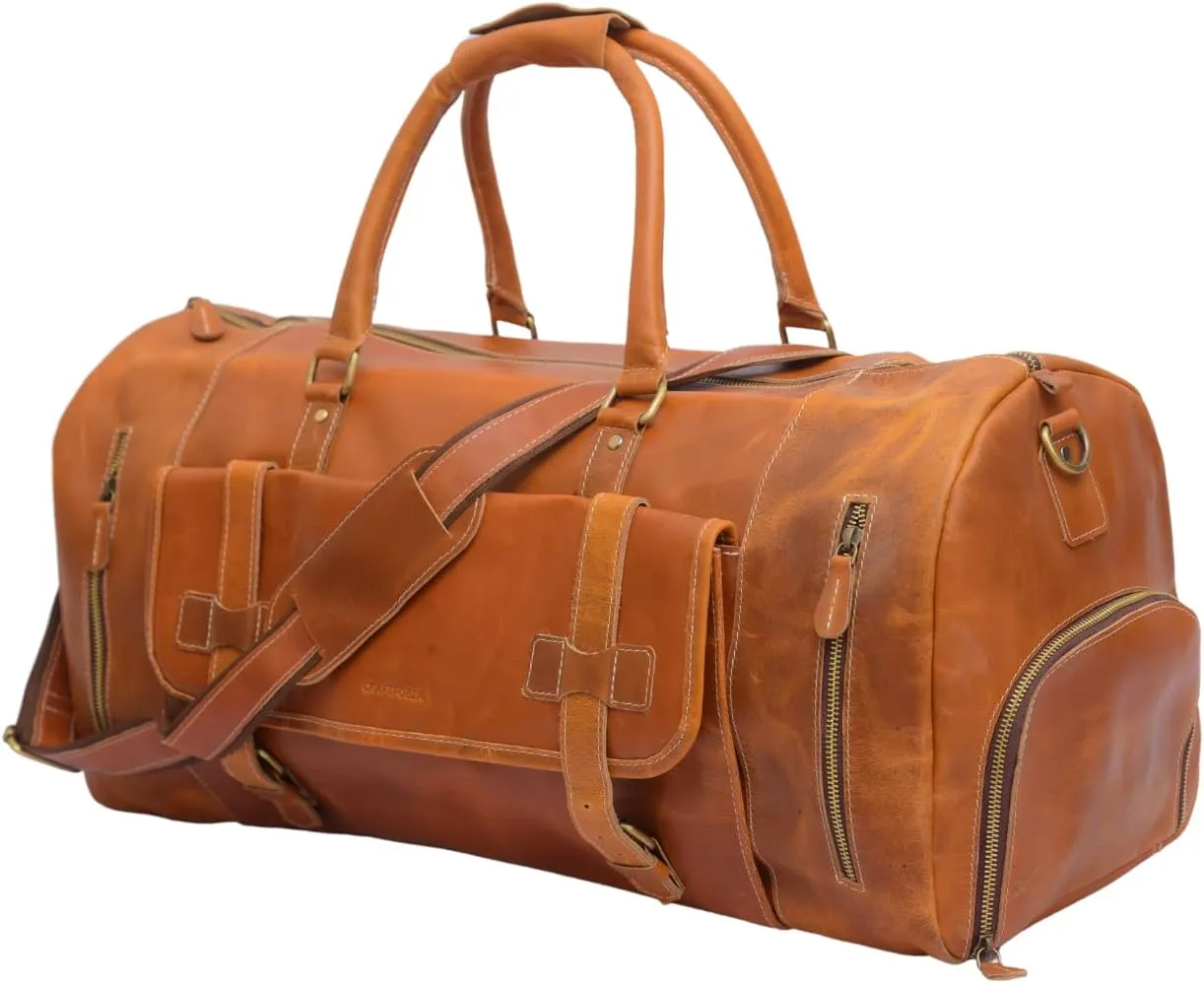 Vintage Duffel Travel Bag for Men/Women and Travel pure Leather Bag,Airplane Luggage,Sports Gym,Carry-With Shoe Compartment (Brown, 28 Inches)