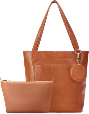 Vintage Genuine Leather Tote Shoulder Bag for Women, Large Satchel Handbag with Purse, 2 Set Bags for Women Daily Use