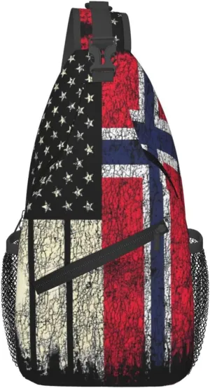 Vintage Norwegian American Flag Crossbody Bags Sling Backpack Cross Chest Bag Sports Shoulder Bag Gym Fanny Pack Adjustable Cycling Daypack Diagonally Rucksack for Running