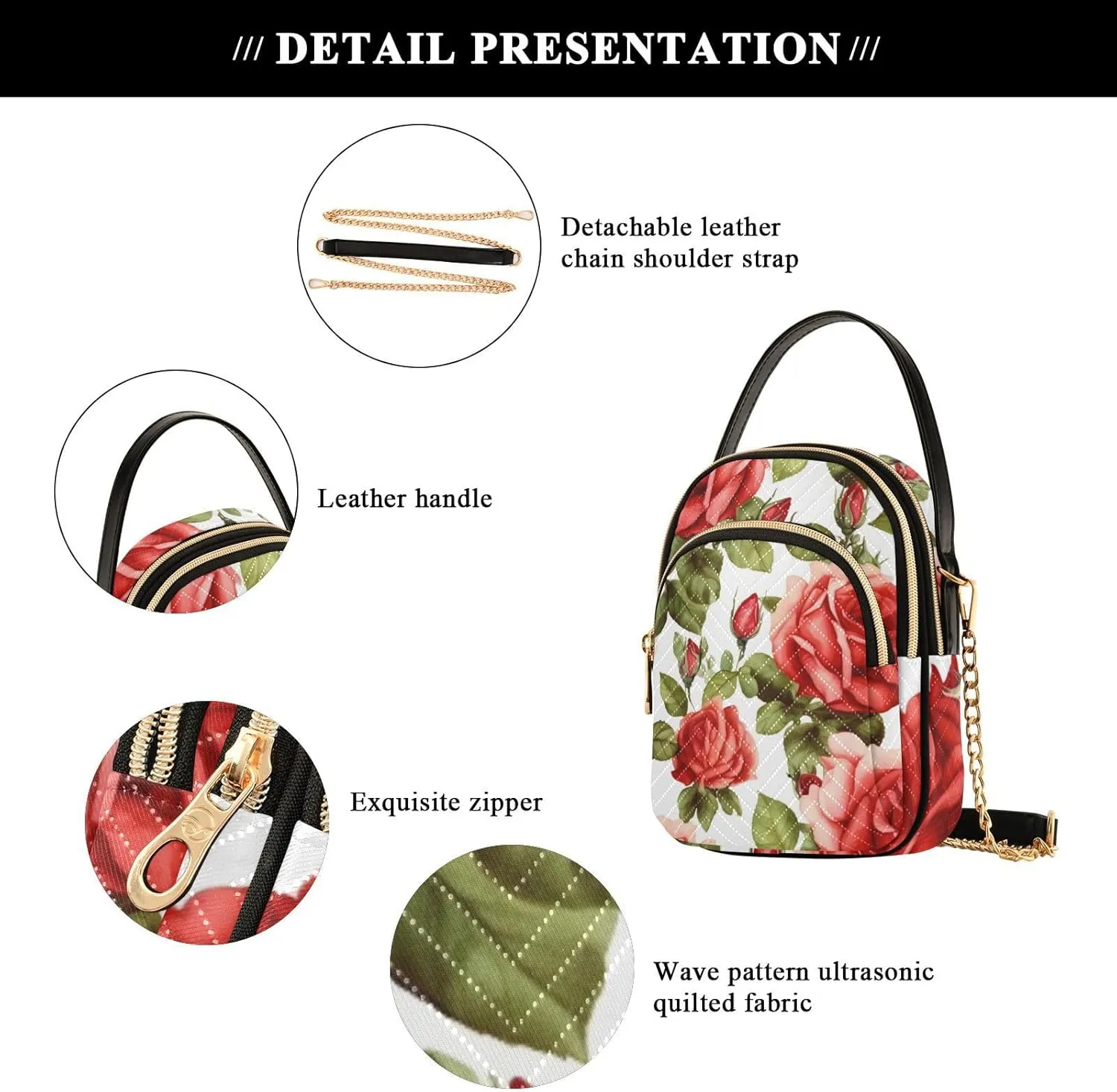 Vintage Roses on a White Womens Crossbody Bags, Handbag with Shoulder Strap, Fall Crossbody Purse