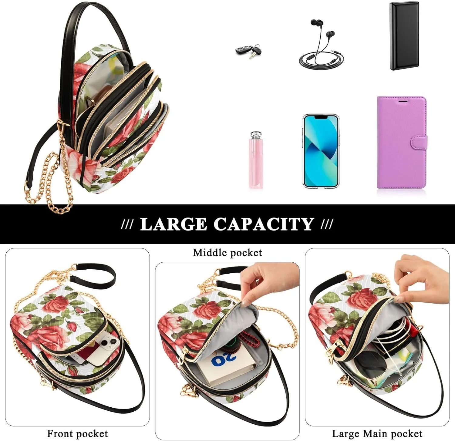 Vintage Roses on a White Womens Crossbody Bags, Handbag with Shoulder Strap, Fall Crossbody Purse