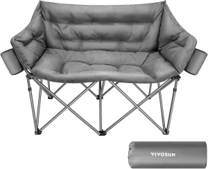 VIVOSUN Double Camping Chair, Fully Padded Folding Loveseat, Oversized Duo Chair with Cup & Wine Glass Holders, Pocket, Armrests & Carry Bag
