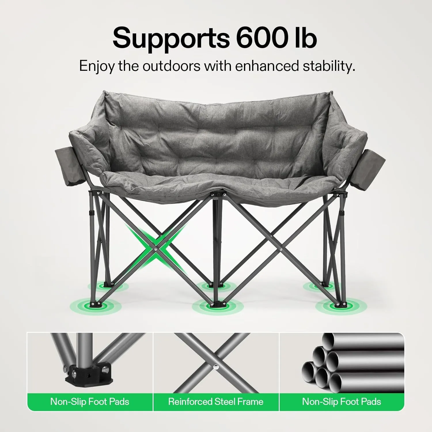 VIVOSUN Double Camping Chair, Fully Padded Folding Loveseat, Oversized Duo Chair with Cup & Wine Glass Holders, Pocket, Armrests & Carry Bag