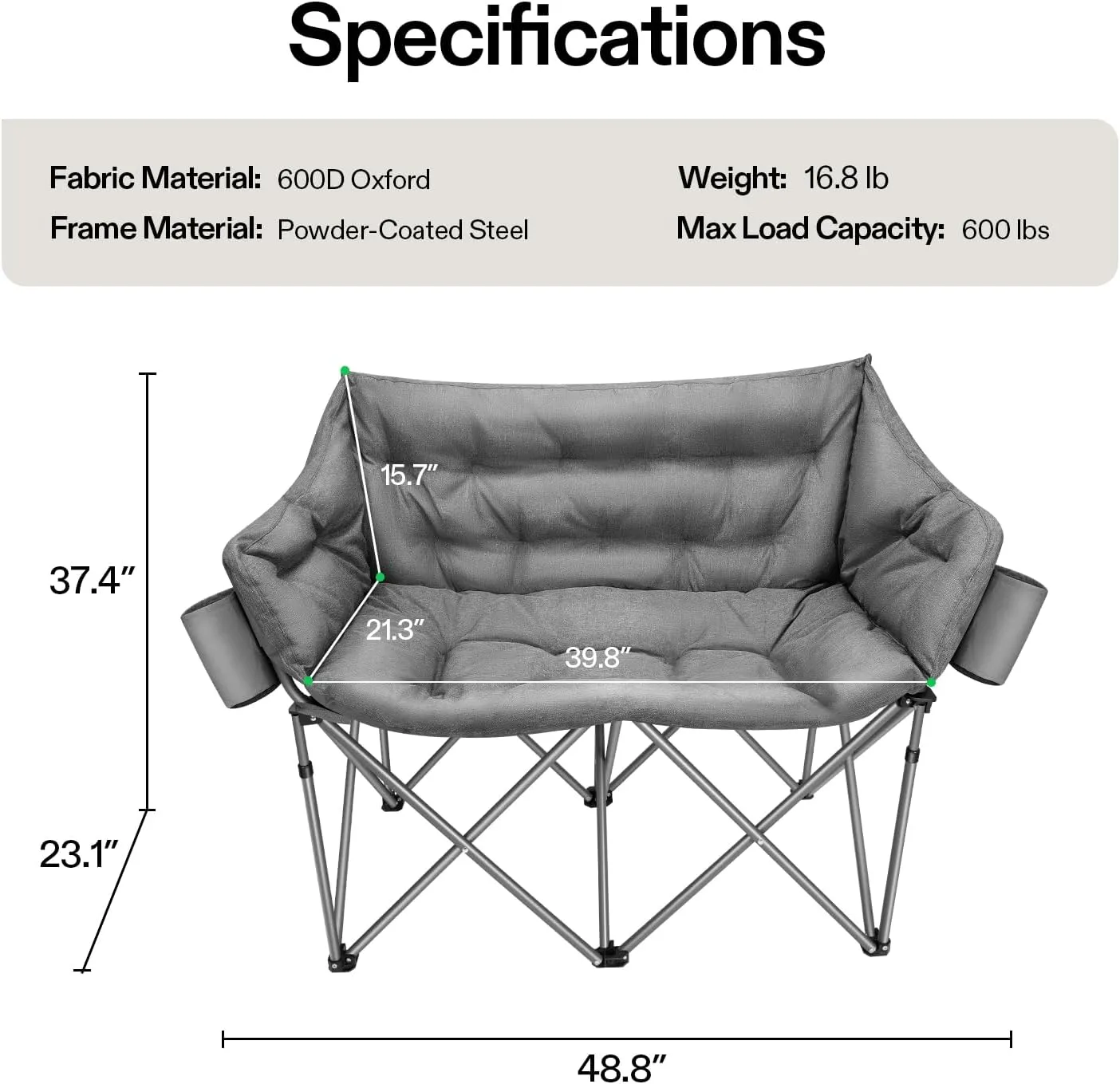 VIVOSUN Double Camping Chair, Fully Padded Folding Loveseat, Oversized Duo Chair with Cup & Wine Glass Holders, Pocket, Armrests & Carry Bag