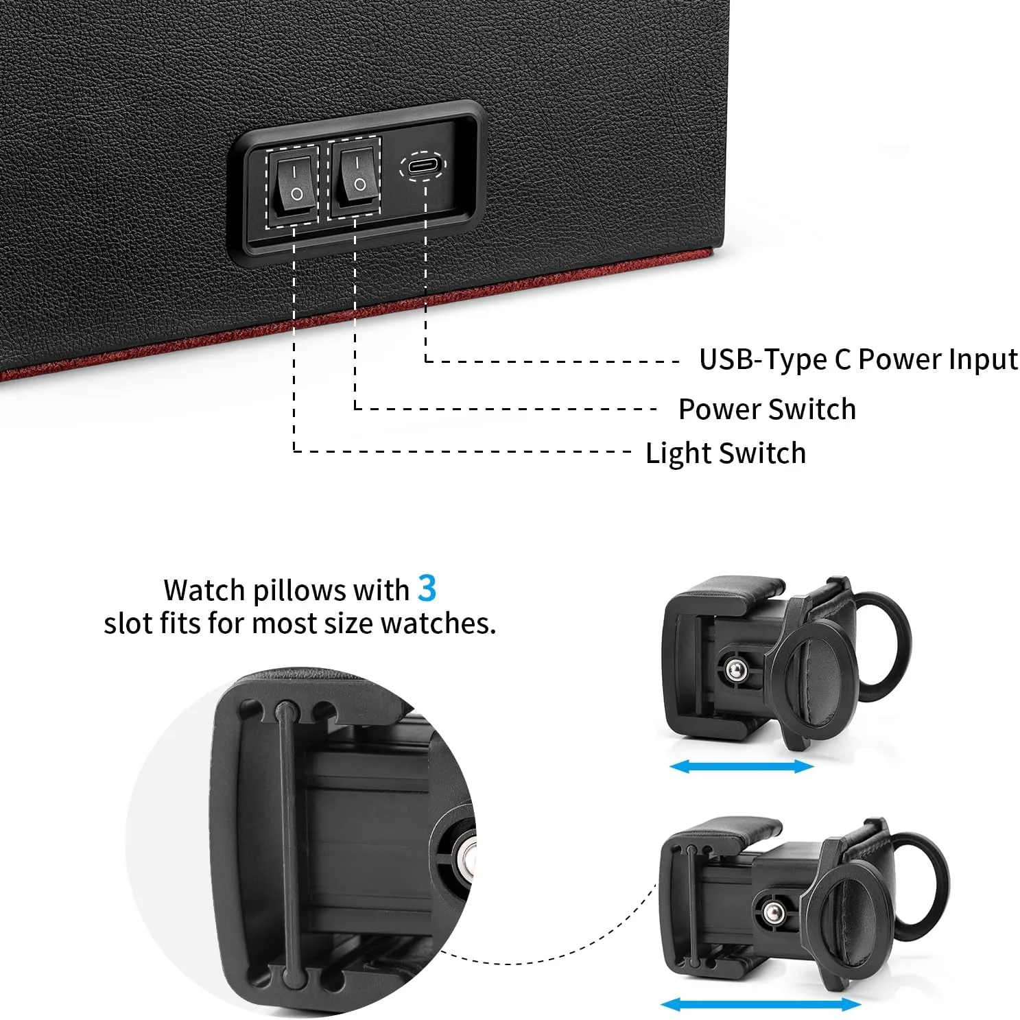 Vlando Automatic Double Watch Winder with 8 Watch Slot - Watch Box with Glass Lid, Japanese Quiet Motor, LED Light, Adjustable Watch Pillows, Usb Type-C - Black