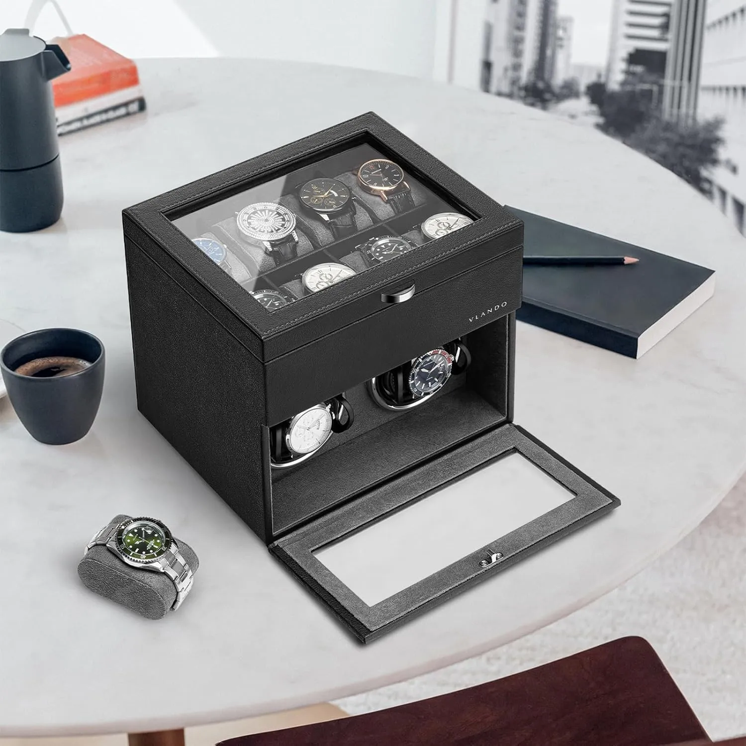 Vlando Automatic Double Watch Winder with 8 Watch Slot - Watch Box with Glass Lid, Japanese Quiet Motor, LED Light, Adjustable Watch Pillows, Usb Type-C - Black