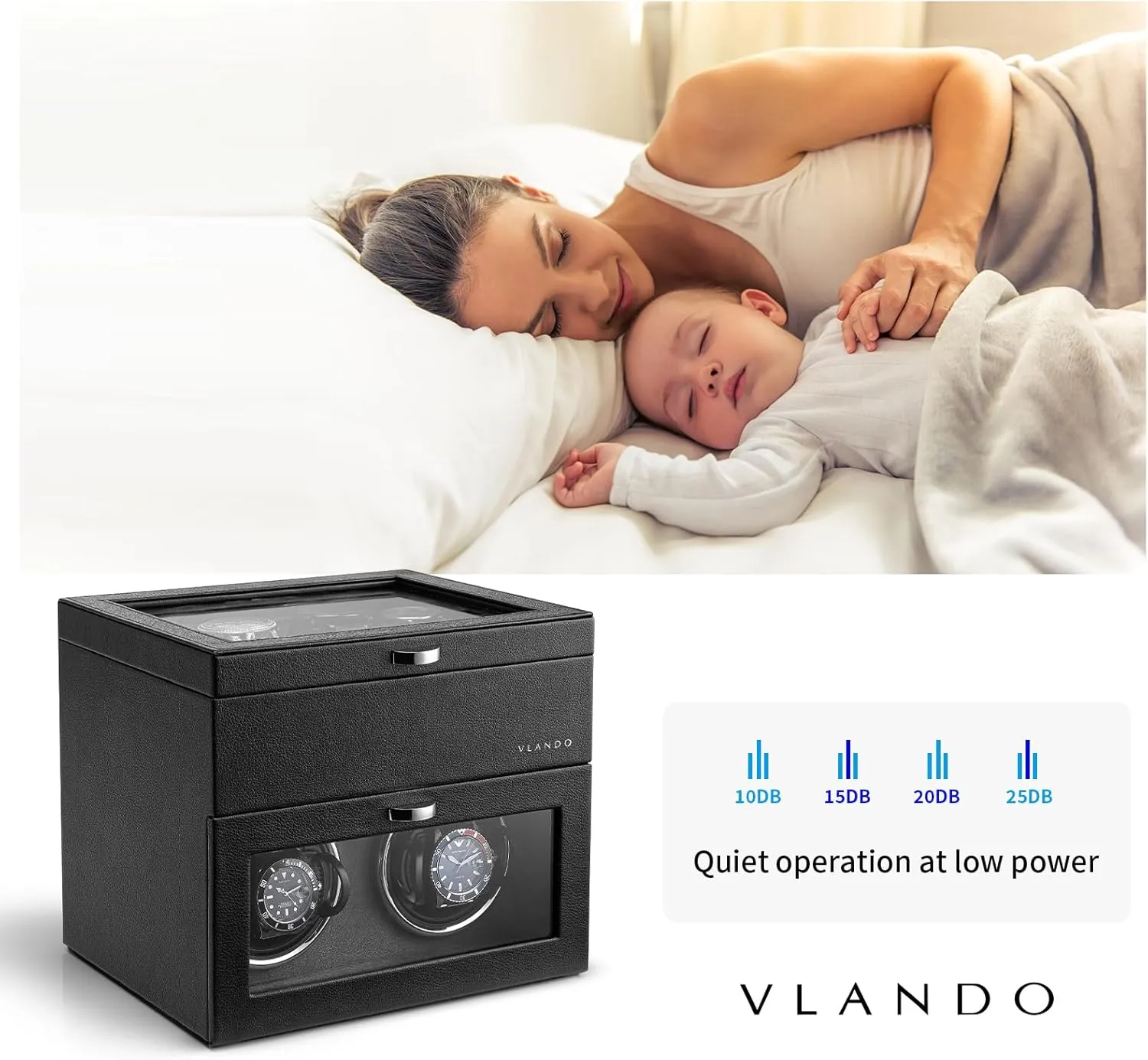 Vlando Automatic Double Watch Winder with 8 Watch Slot - Watch Box with Glass Lid, Japanese Quiet Motor, LED Light, Adjustable Watch Pillows, Usb Type-C - Black