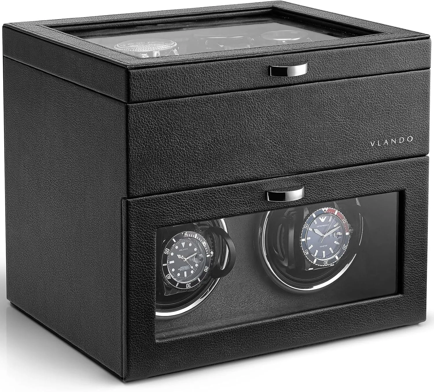 Vlando Automatic Double Watch Winder with 8 Watch Slot - Watch Box with Glass Lid, Japanese Quiet Motor, LED Light, Adjustable Watch Pillows, Usb Type-C - Black