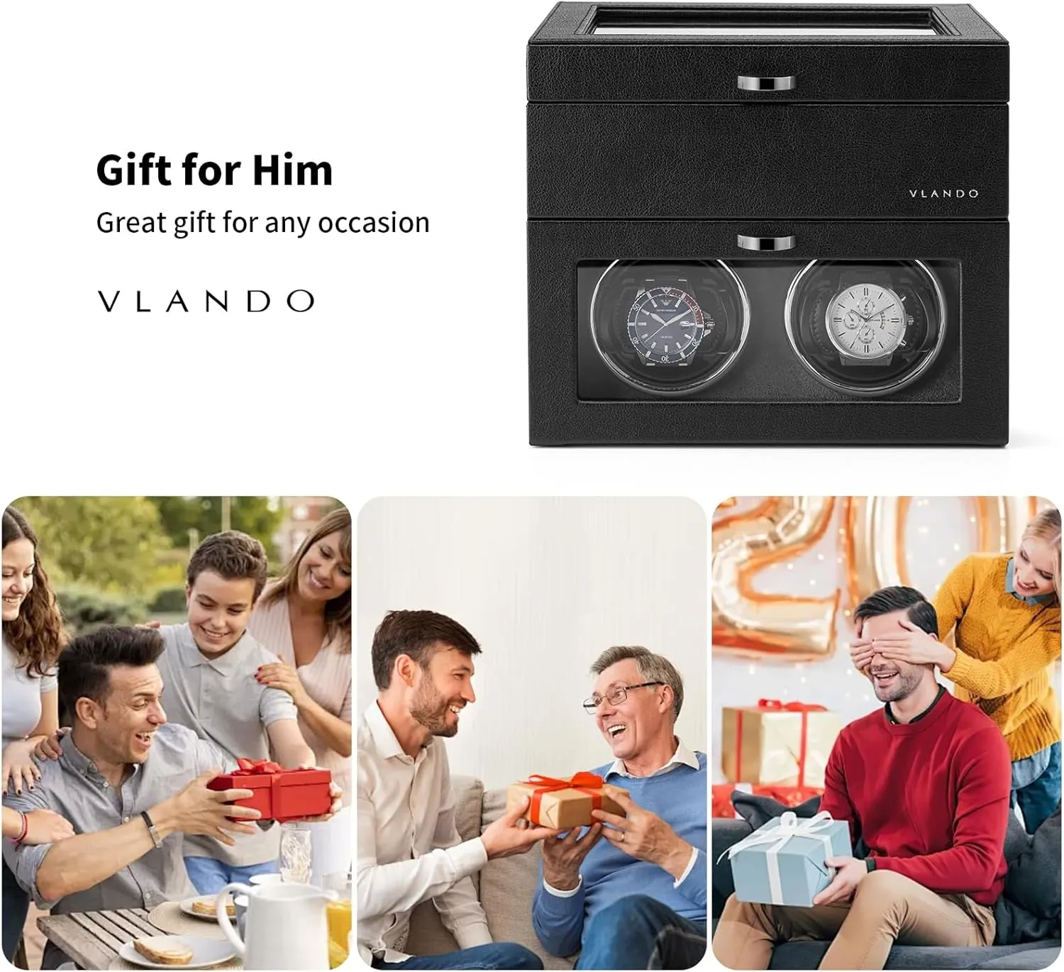 Vlando Automatic Double Watch Winder with 8 Watch Slot - Watch Box with Glass Lid, Japanese Quiet Motor, LED Light, Adjustable Watch Pillows, Usb Type-C - Black