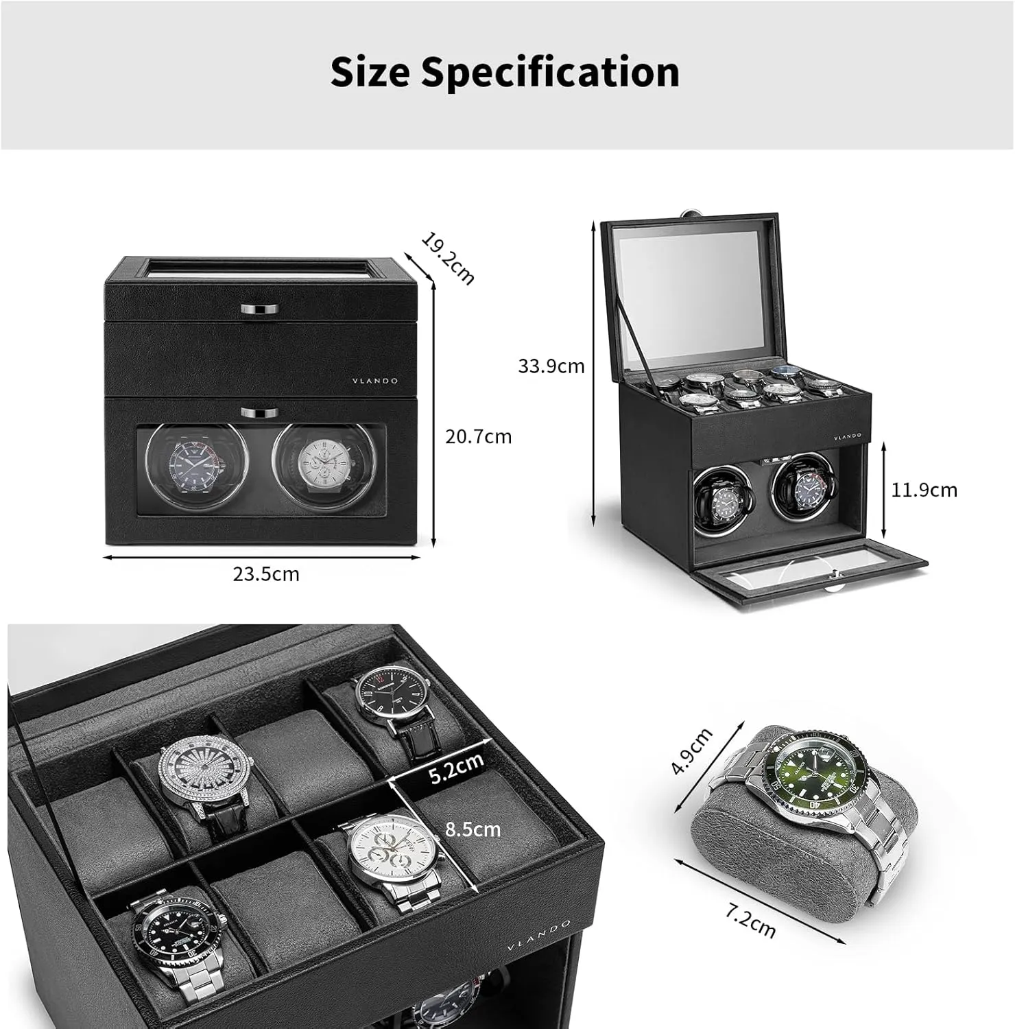 Vlando Automatic Double Watch Winder with 8 Watch Slot - Watch Box with Glass Lid, Japanese Quiet Motor, LED Light, Adjustable Watch Pillows, Usb Type-C - Black