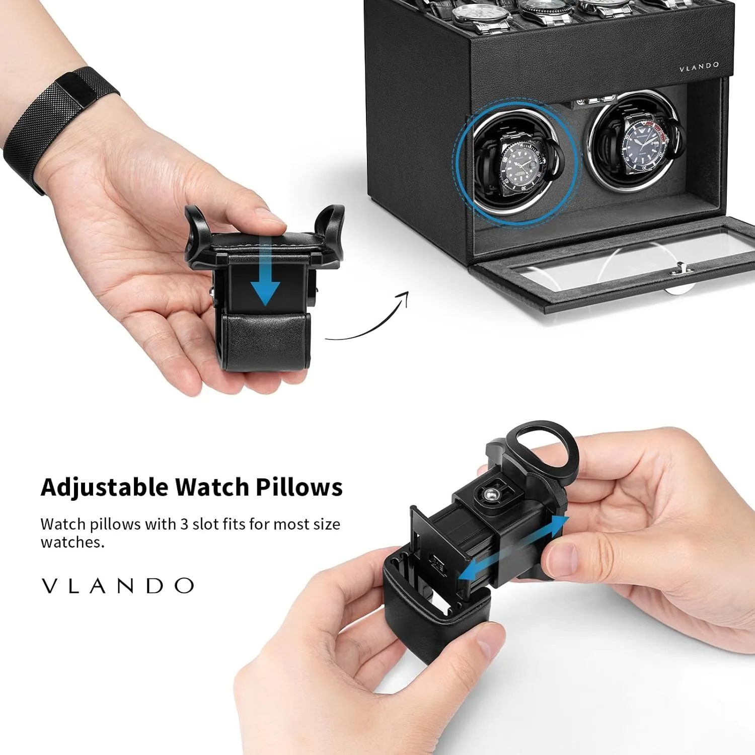 Vlando Automatic Double Watch Winder with 8 Watch Slot - Watch Box with Glass Lid, Japanese Quiet Motor, LED Light, Adjustable Watch Pillows, Usb Type-C - Black