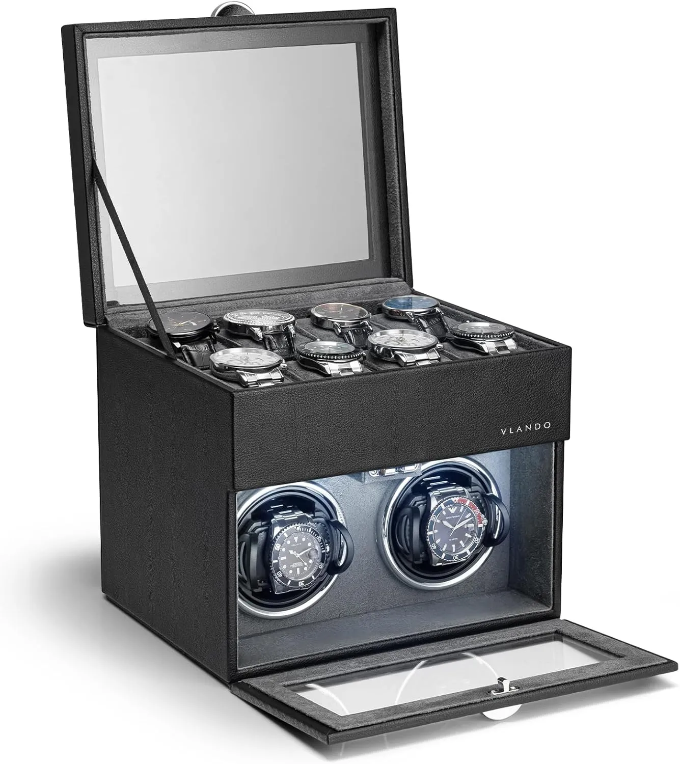 Vlando Automatic Double Watch Winder with 8 Watch Slot - Watch Box with Glass Lid, Japanese Quiet Motor, LED Light, Adjustable Watch Pillows, Usb Type-C - Black