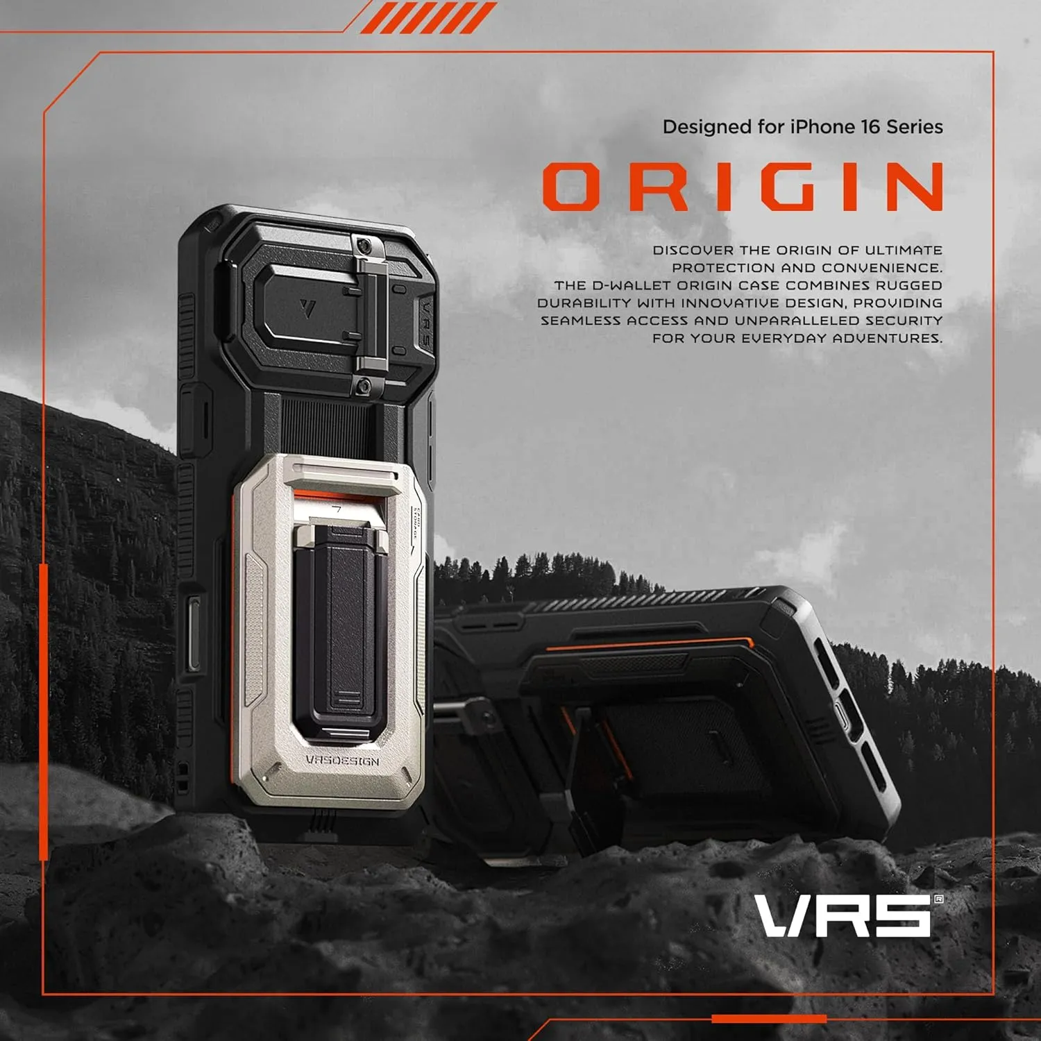 VRS DESIGN Origin Wallet Card Holder Case [3 Cards] for iPhone 16 Pro Max (2024/Upgraded), Rugged Semi-Automatic 3-Card Slot & Kickstand Case (Khaki)