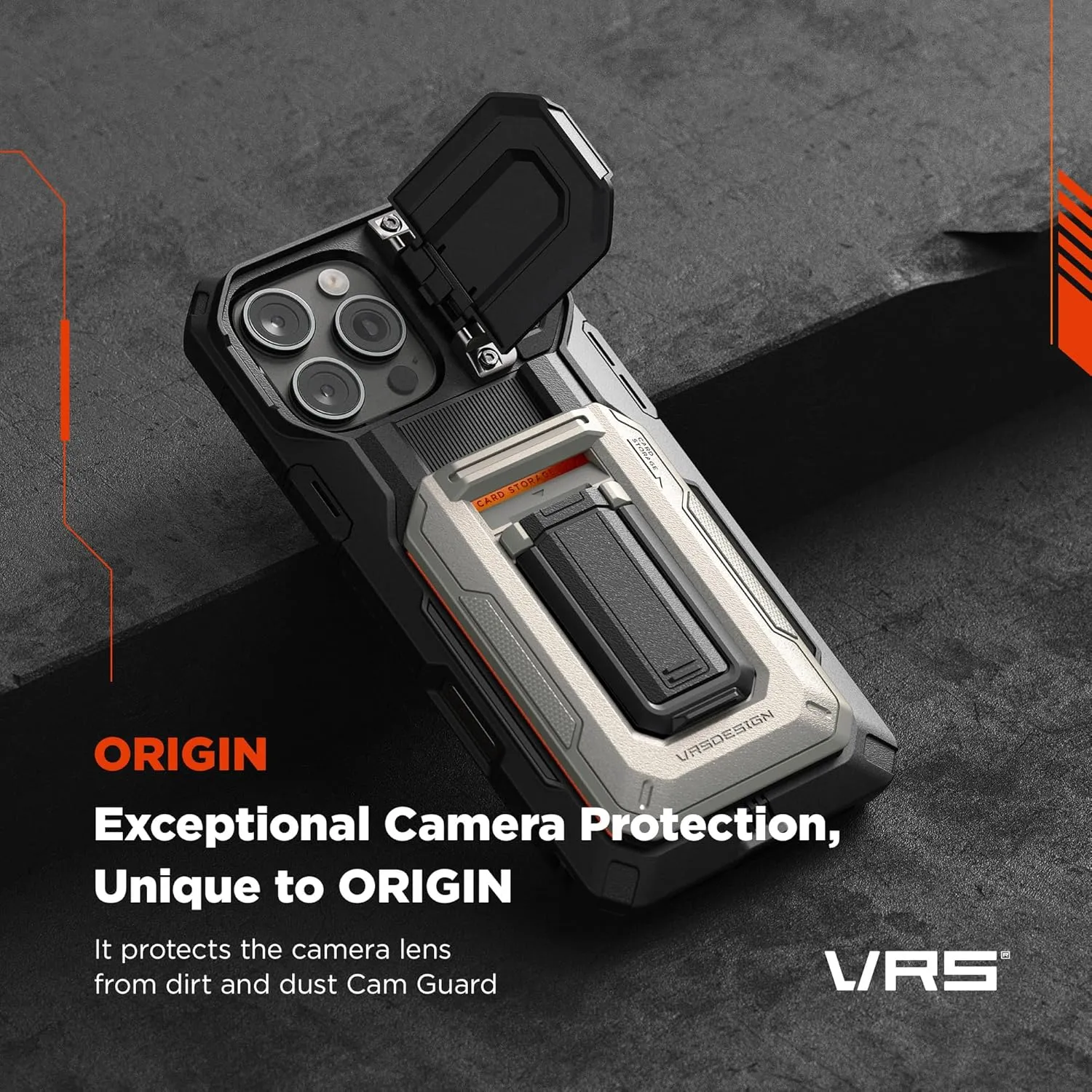 VRS DESIGN Origin Wallet Card Holder Case [3 Cards] for iPhone 16 Pro Max (2024/Upgraded), Rugged Semi-Automatic 3-Card Slot & Kickstand Case (Khaki)