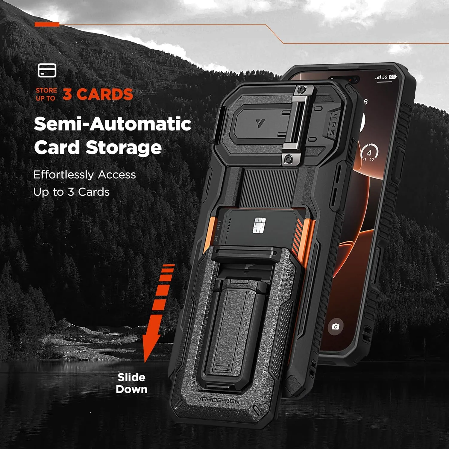 VRS DESIGN Origin Wallet Card Holder Case [3 Cards] for iPhone 16 Pro Max (2024/Upgraded), Rugged Semi-Automatic 3-Card Slot & Kickstand Case (Khaki)