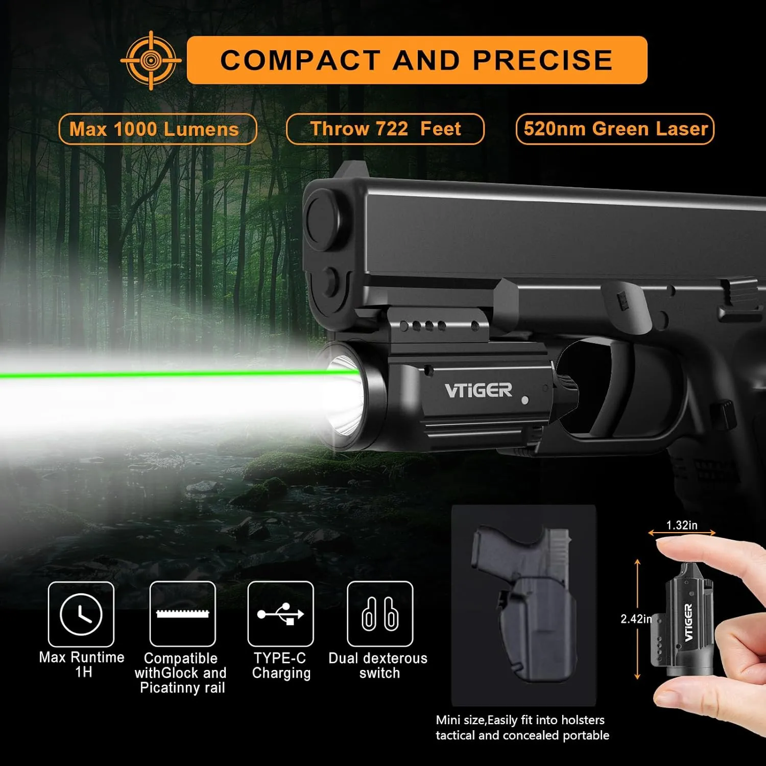 VTIGER PL2 Mini Powerful Compact Pistol Light with Green Beam Sight Combo, 1000 Lumens 722 FT Rechargeable LED Weapon Lights, Small Adjustable Rail Mounted Tactical Flashlight for GL/1913 Picatinny
