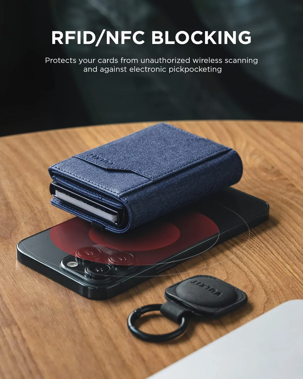 VULKIT Airtag Wallet with Keyring Mens Pop up Credit Card Wallet with Air Tag Holder Trifold ID Window RFID Blocking（Navy）
