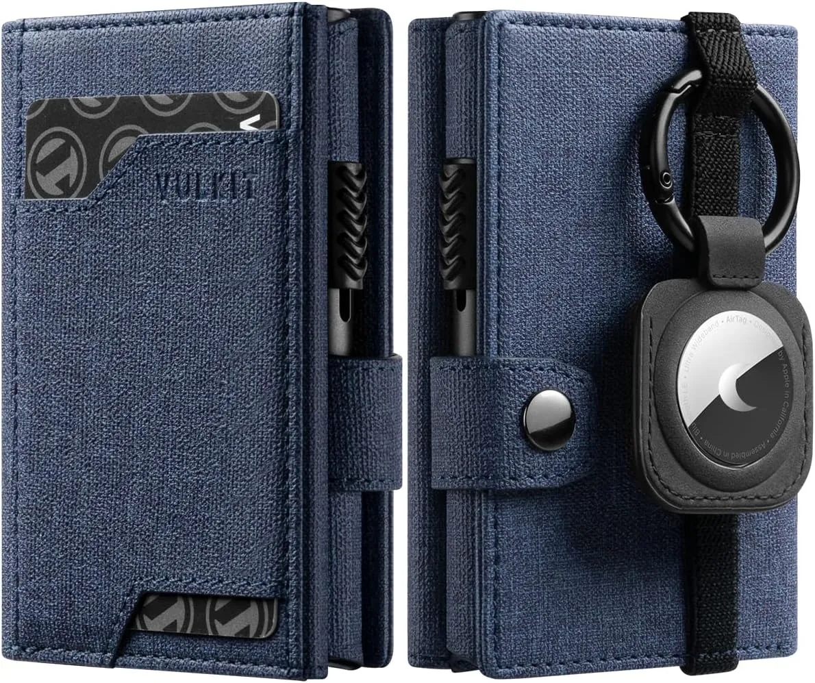 VULKIT Airtag Wallet with Keyring Mens Pop up Credit Card Wallet with Air Tag Holder Trifold ID Window RFID Blocking（Navy）