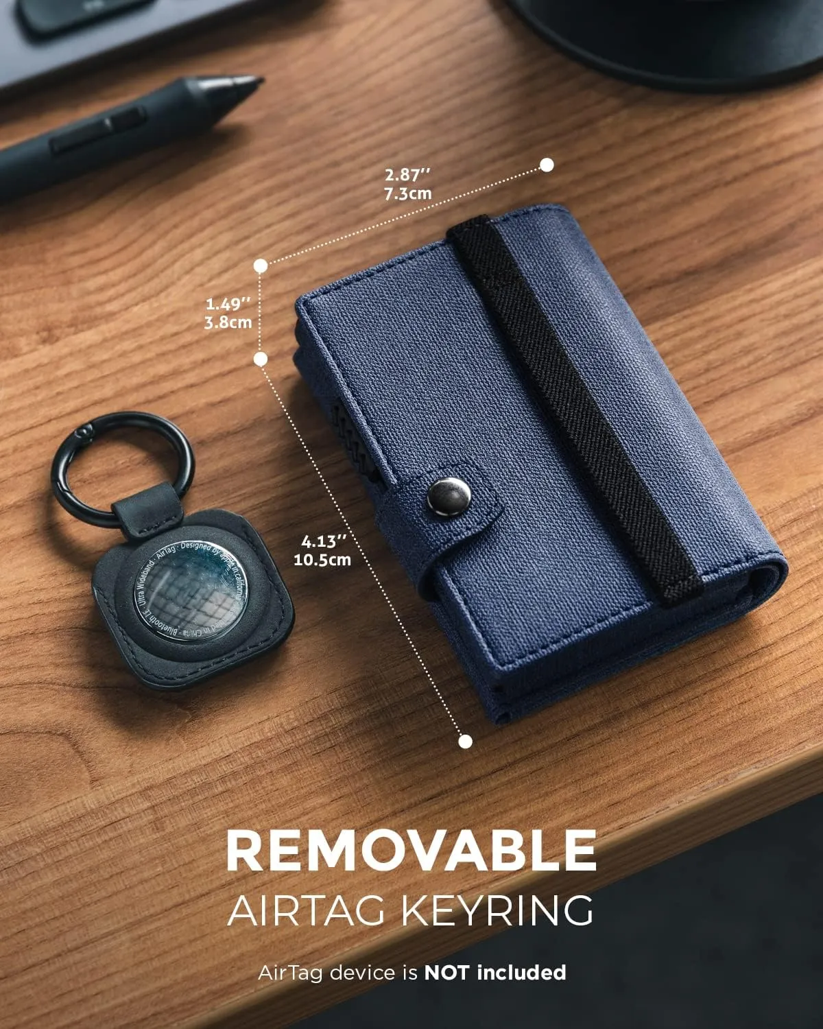 VULKIT Airtag Wallet with Keyring Mens Pop up Credit Card Wallet with Air Tag Holder Trifold ID Window RFID Blocking（Navy）