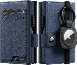 VULKIT Airtag Wallet with Keyring Mens Pop up Credit Card Wallet with Air Tag Holder Trifold ID Window RFID Blocking（Navy）