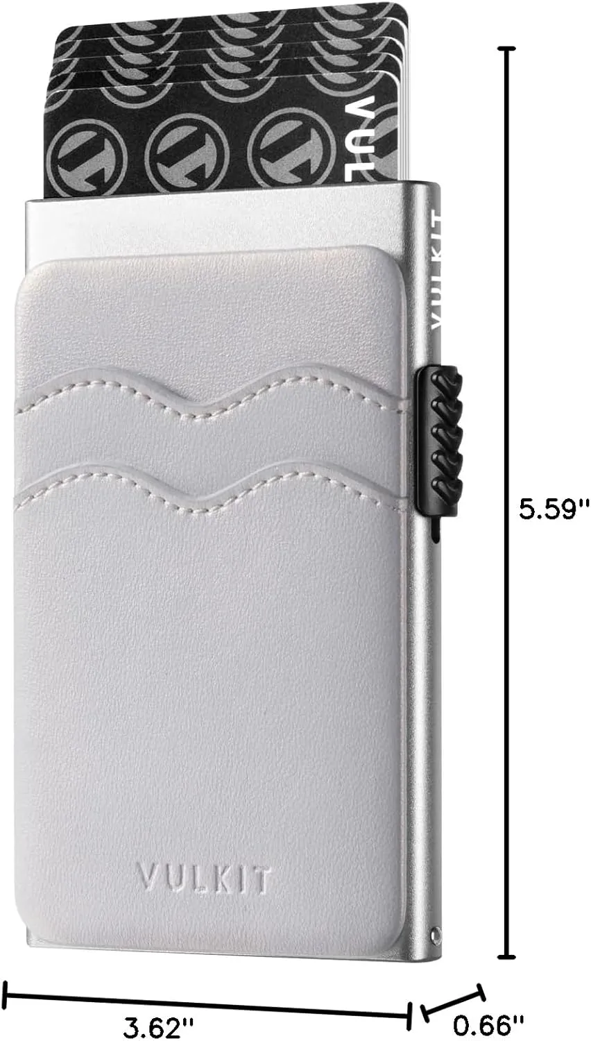 VULKIT Credit Card Holder Minimalist Slim Pop Up Wallet with Leather Slots RFID Blocking for Men and Women Holds 7 Cards and Notes Pearl White