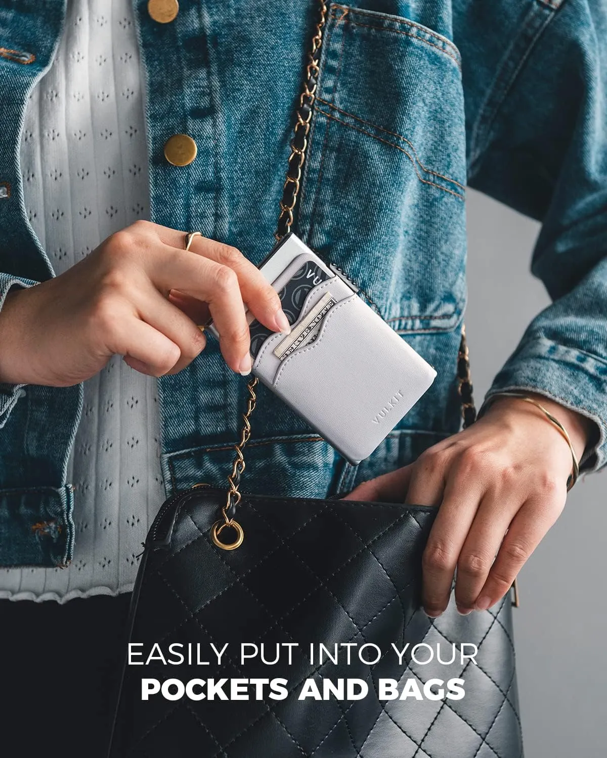VULKIT Credit Card Holder Minimalist Slim Pop Up Wallet with Leather Slots RFID Blocking for Men and Women Holds 7 Cards and Notes Pearl White
