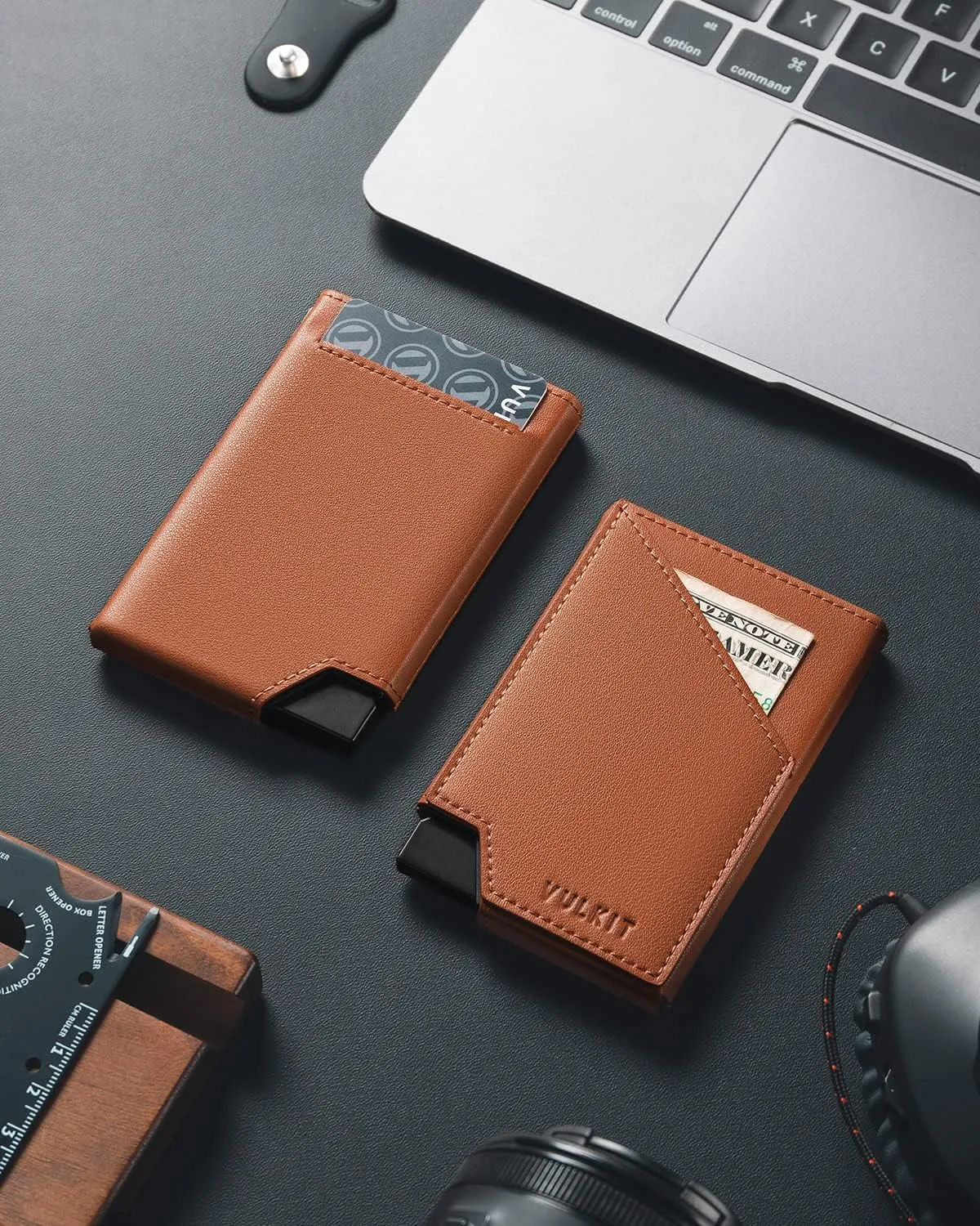 VULKIT Pop up Card Wallet RFID Blocking Slim Aluminum Metal Bank Card Holder Case with Business Money Pocket for Credit Cards Notes and Coins (Brown)