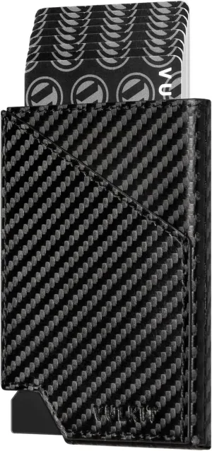 VULKIT Pop up Card Wallet RFID Blocking Slim Aluminum Metal Bank Card Holder Case with Business Money Pocket for Credit Cards Notes and Coins (Carbon Fiber Black)